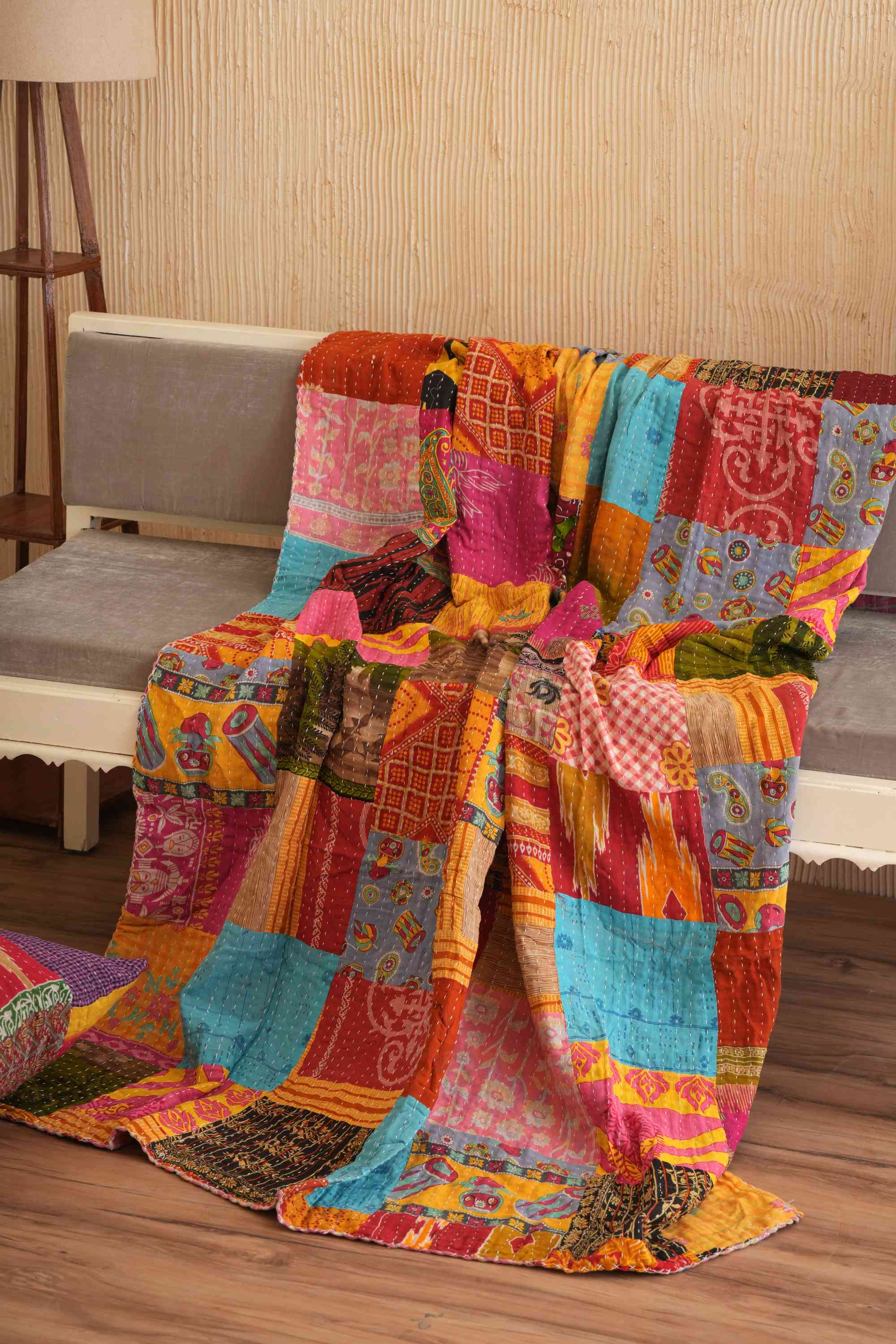 Handmade Cotton Patchwork Kantha Quilt Sofa Throw Blanket