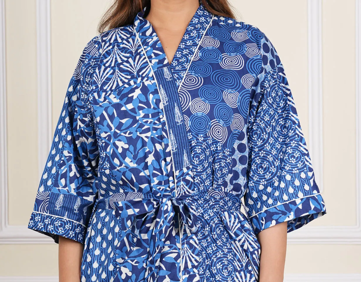 Cotton Indigo Blue White Patchwork Printed House Dressing Robe Spa Kimono Beach Coverup/Comfy Maternity New Mom Couple Set His Her Gift