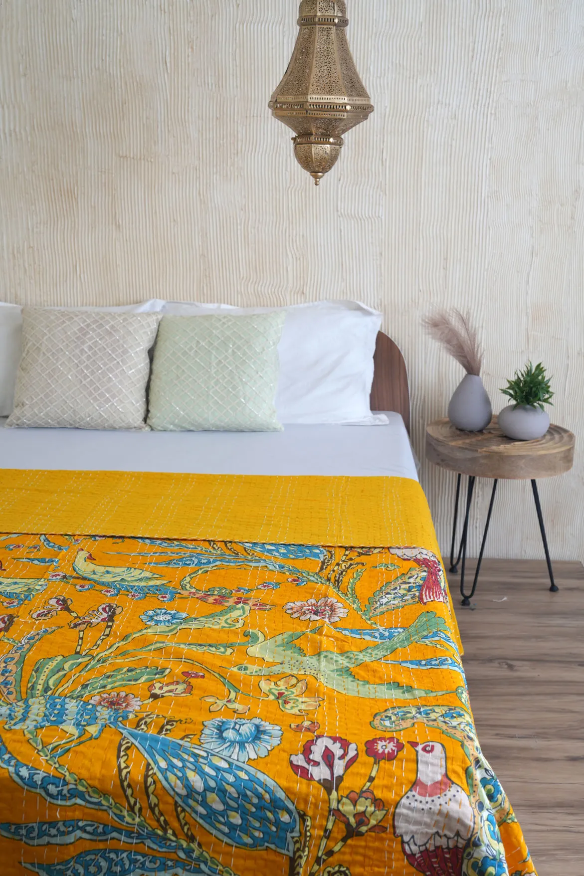 Peacock Kantha Quilt - Yellow