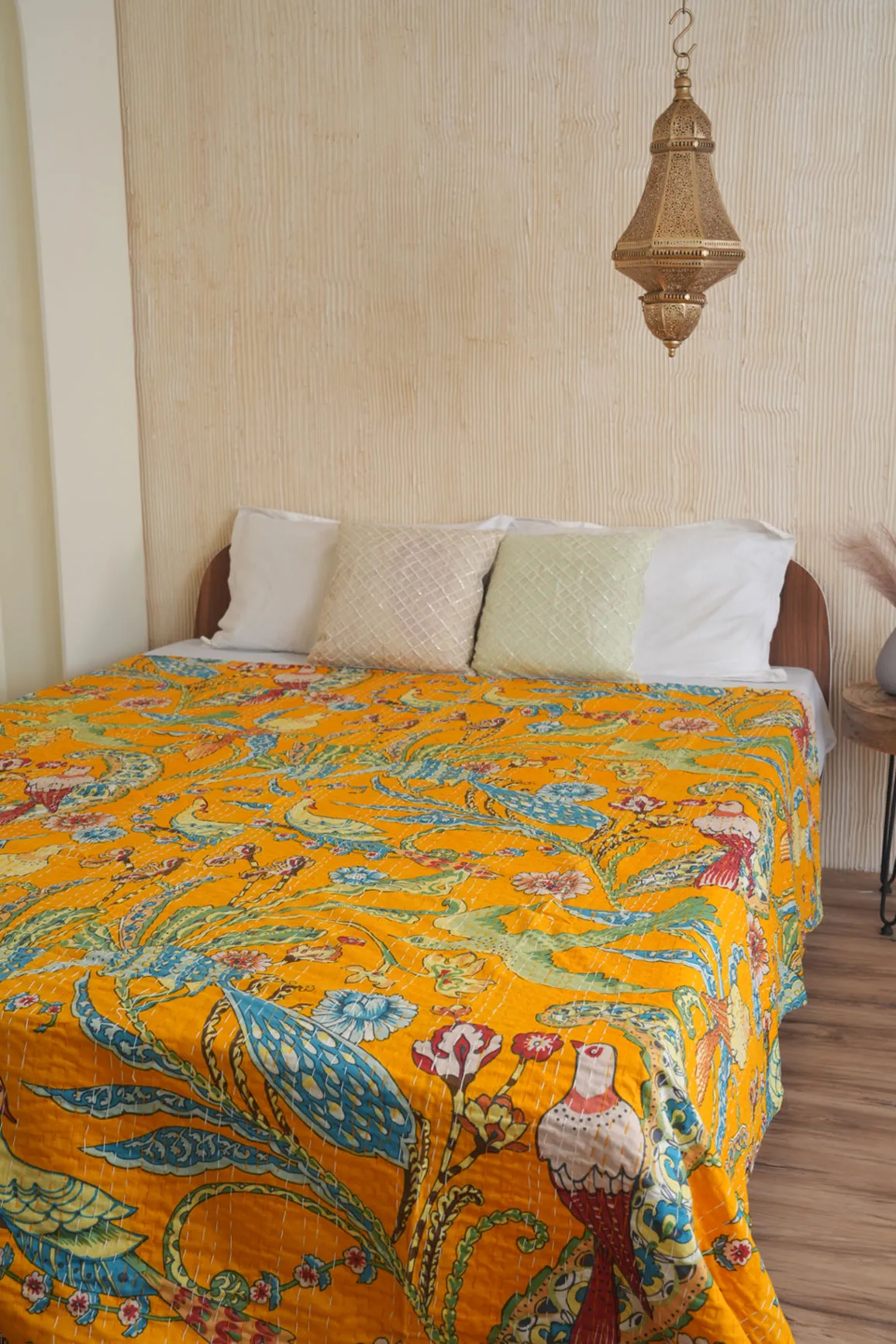 Peacock Kantha Quilt - Yellow