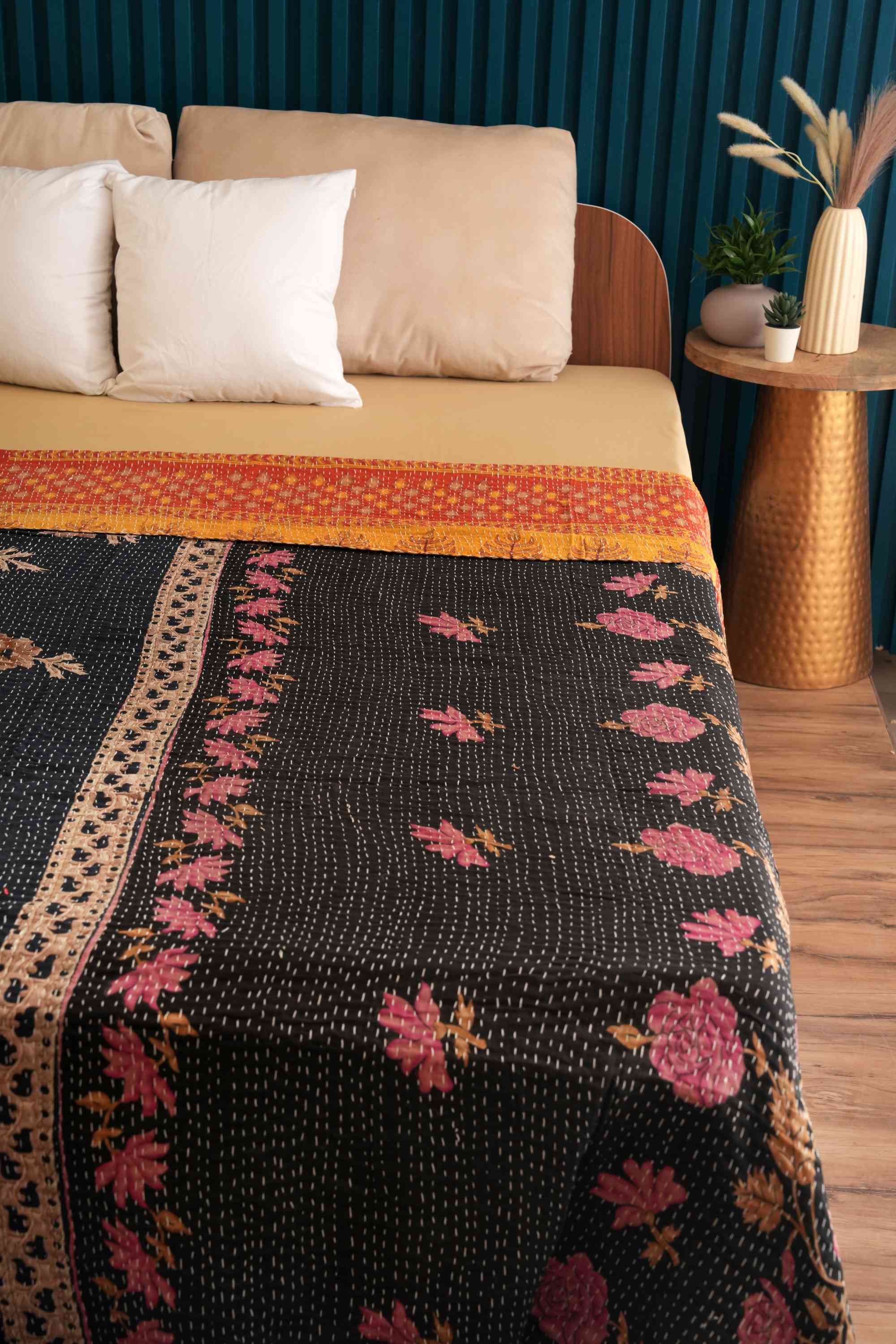 Handmade Cotton Black Vintage kantha Quilt