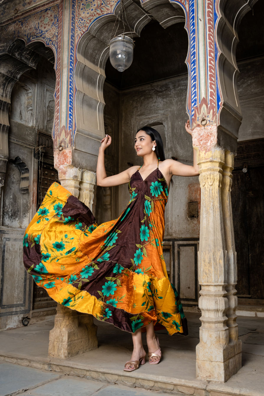 Open Back Silk Sari Maxi Dress - Brown & Yellow