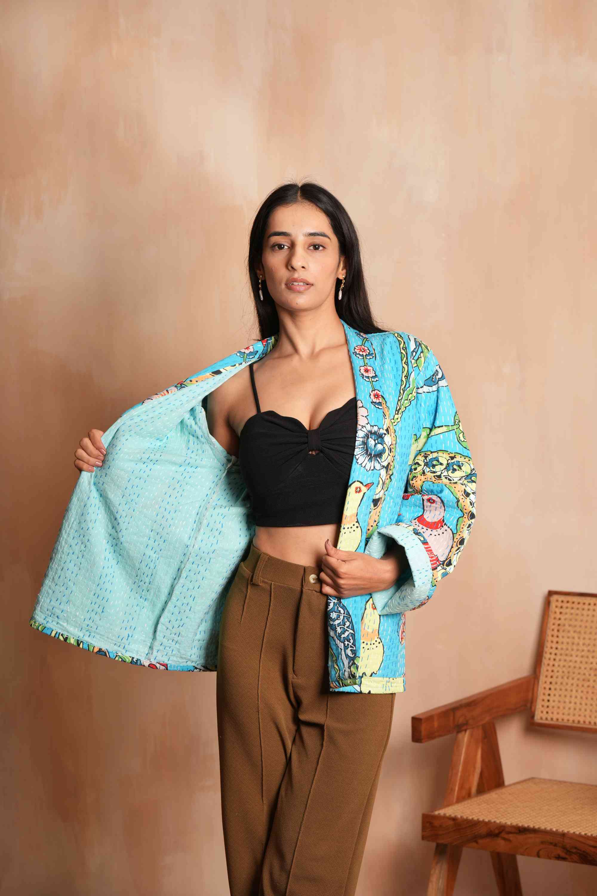 Turquoise Handmade Peacock Cotton Kantha Jacket