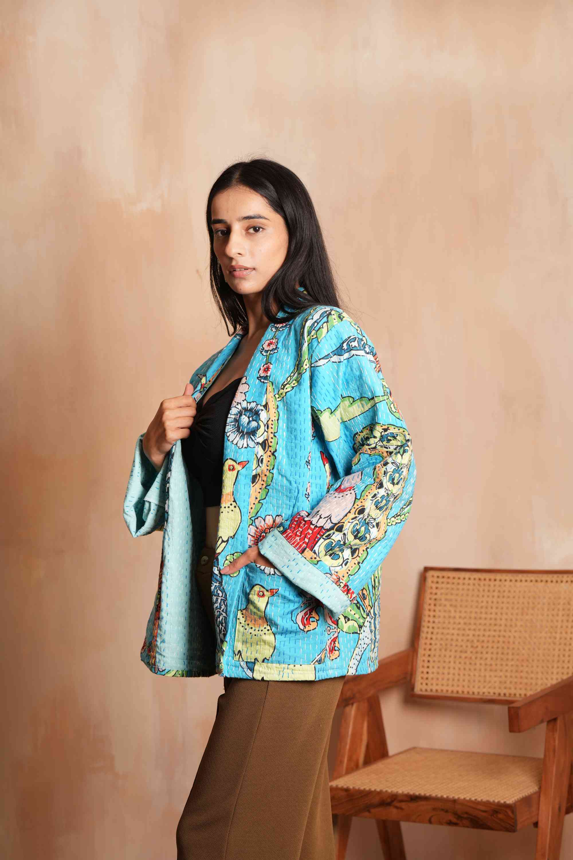 Turquoise Handmade Peacock Cotton Kantha Jacket