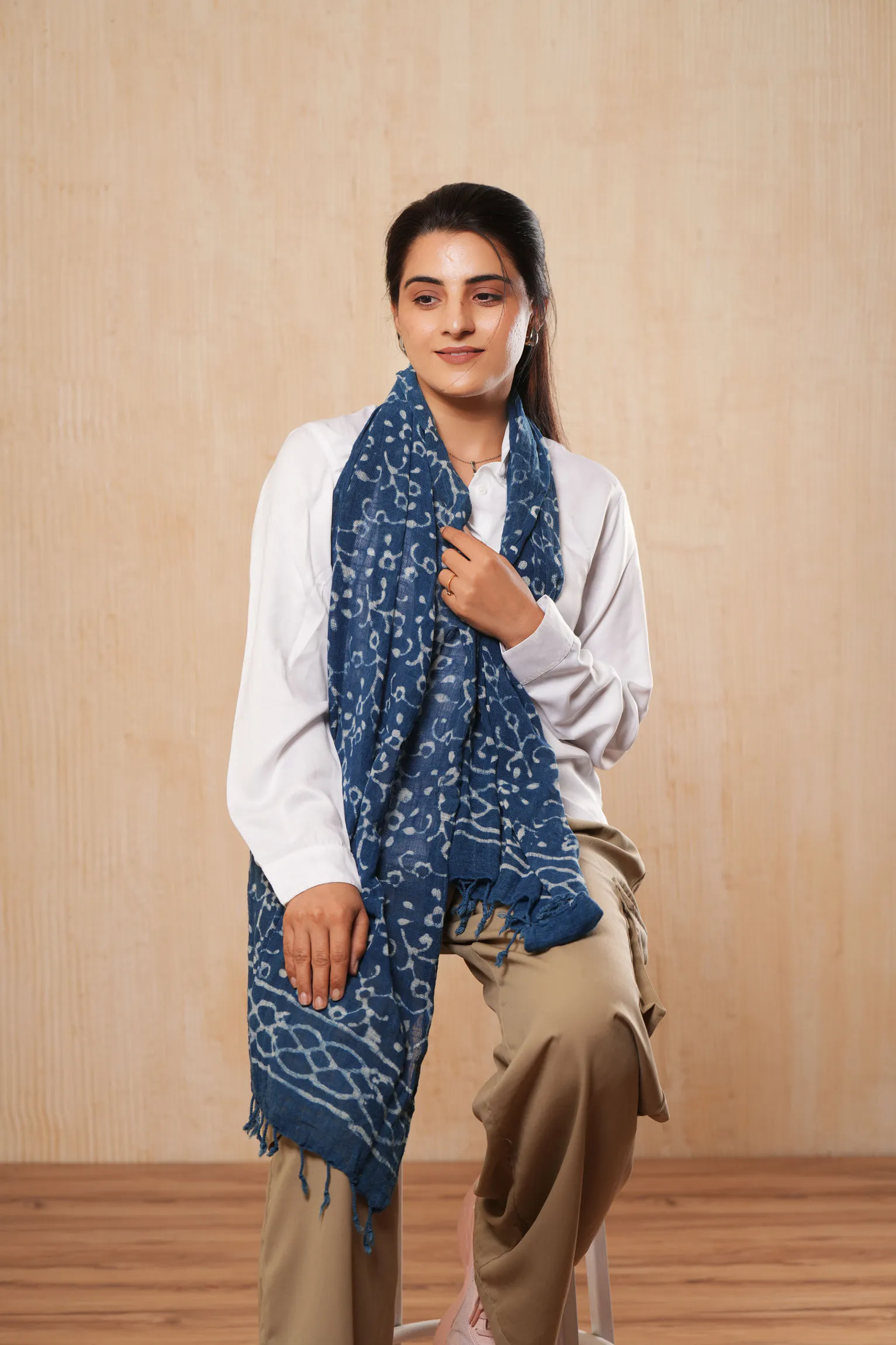 Indigo Cotton Dabu Printed Handmade Scarf Stole - #D4