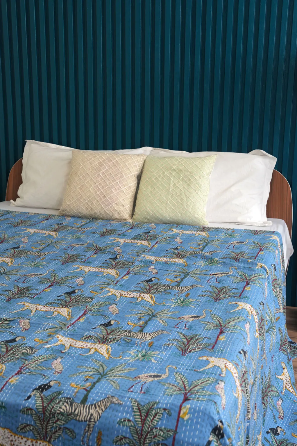 Blue Safari Cheetah Jungle Kantha Quilt