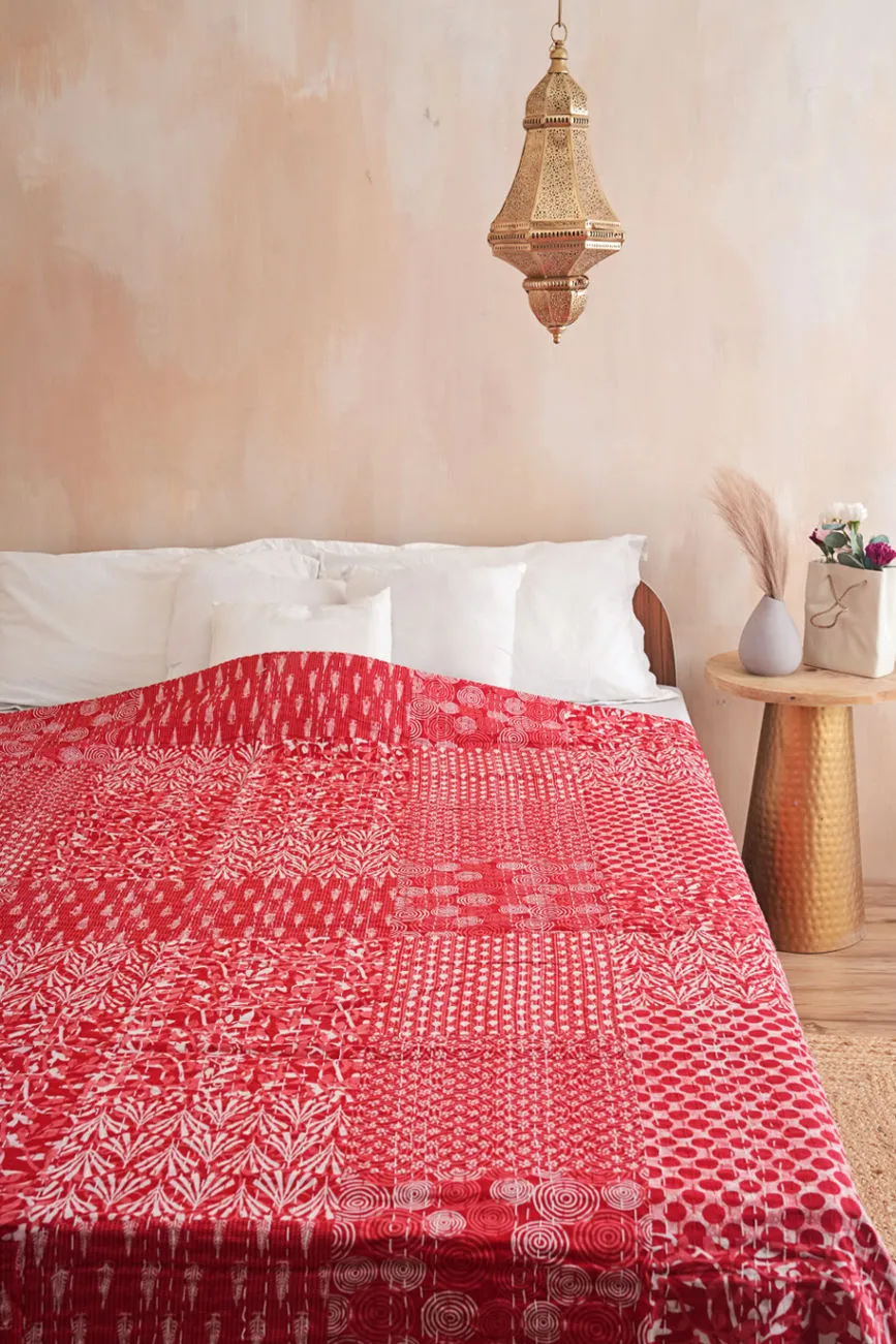 Red Patchwork Field Cotton Kantha Quilt