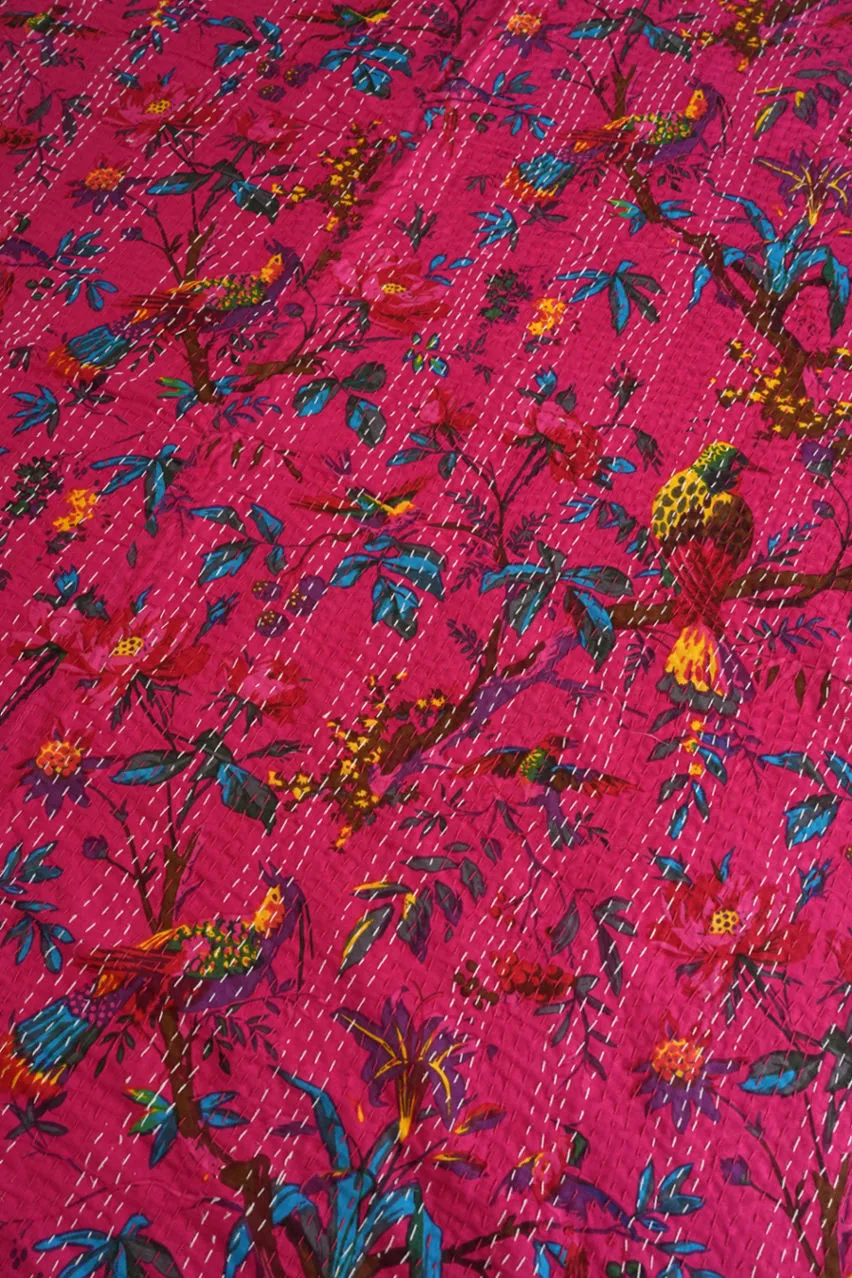 Pink Bird Cotton Kantha Quilt