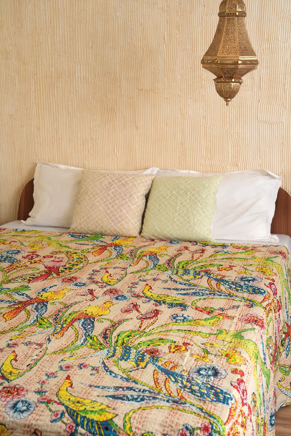 Peacock Kantha Quilt - Beige