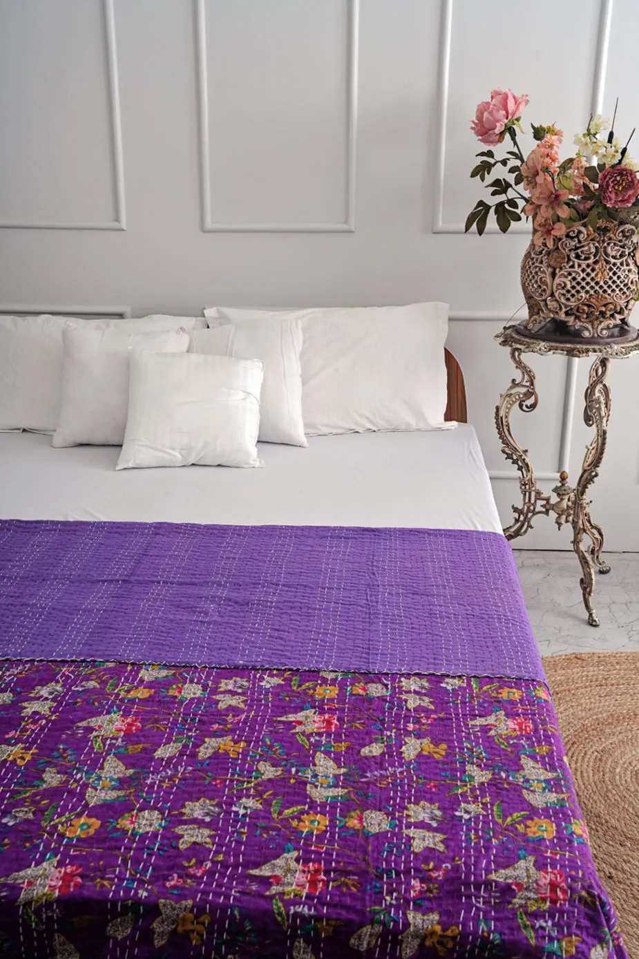 Purple Floral Handmade Cotton Kantha Quilt