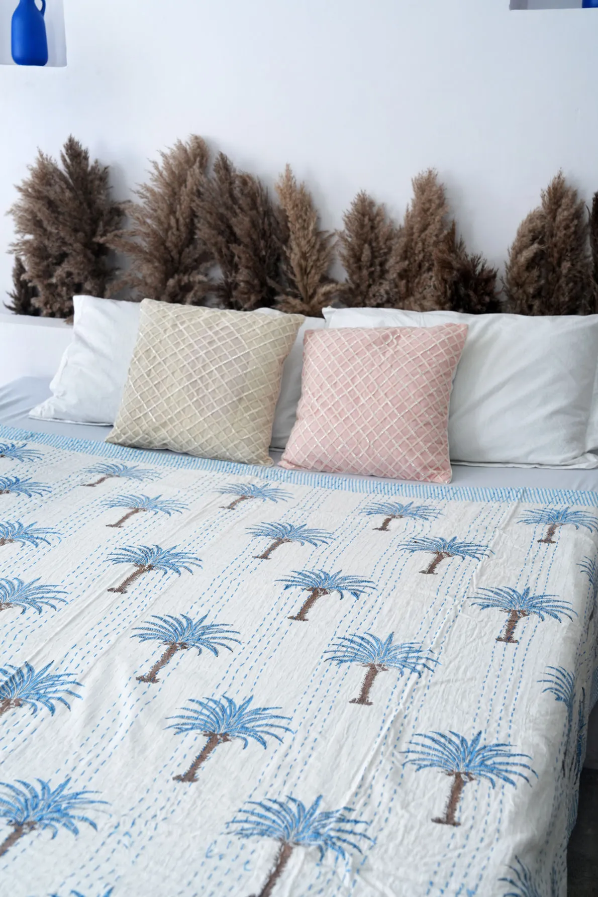 Palm Tree Kantha Quilt - Blue