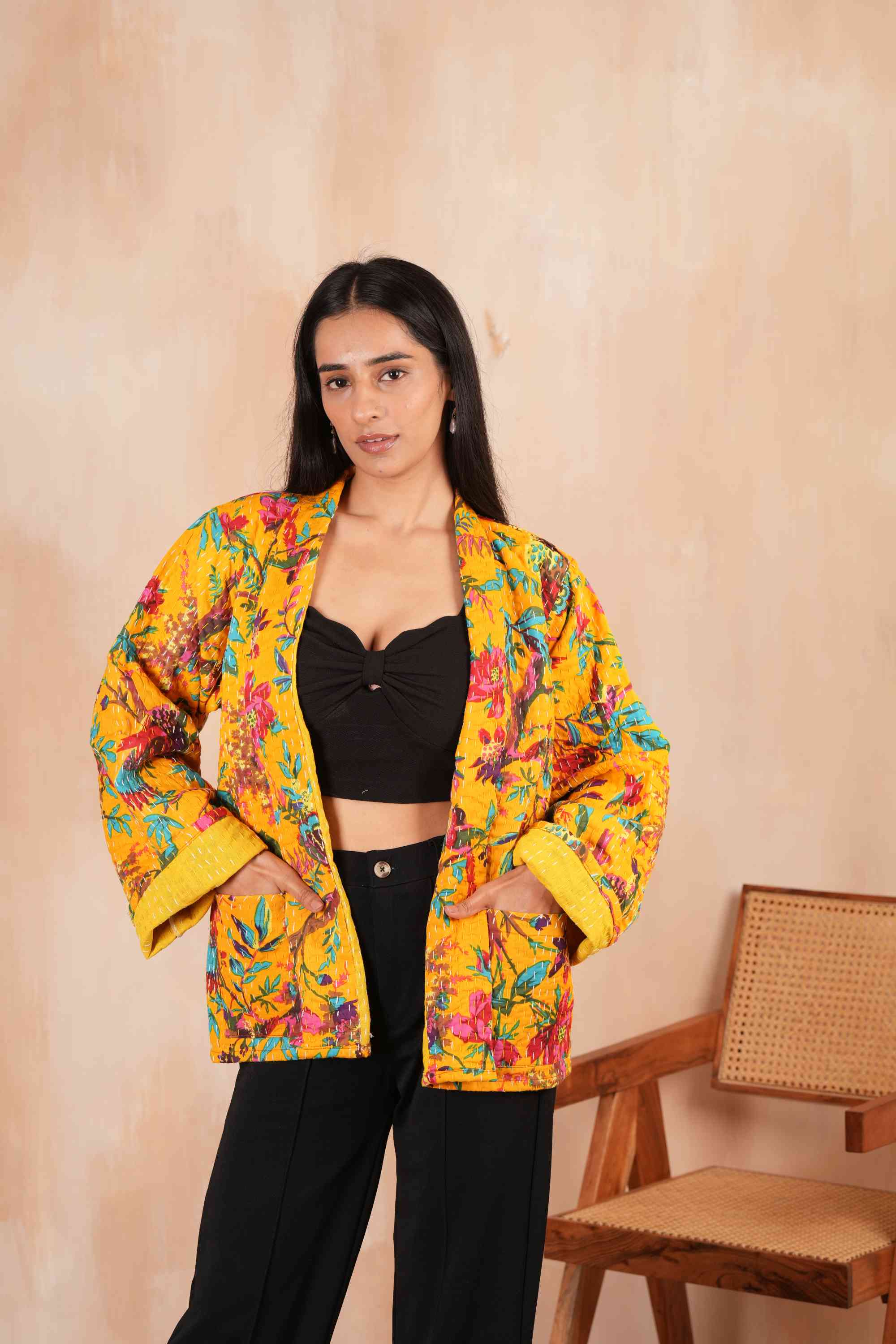 Sparrow Printed Cotton Kantha Quilted Jacket