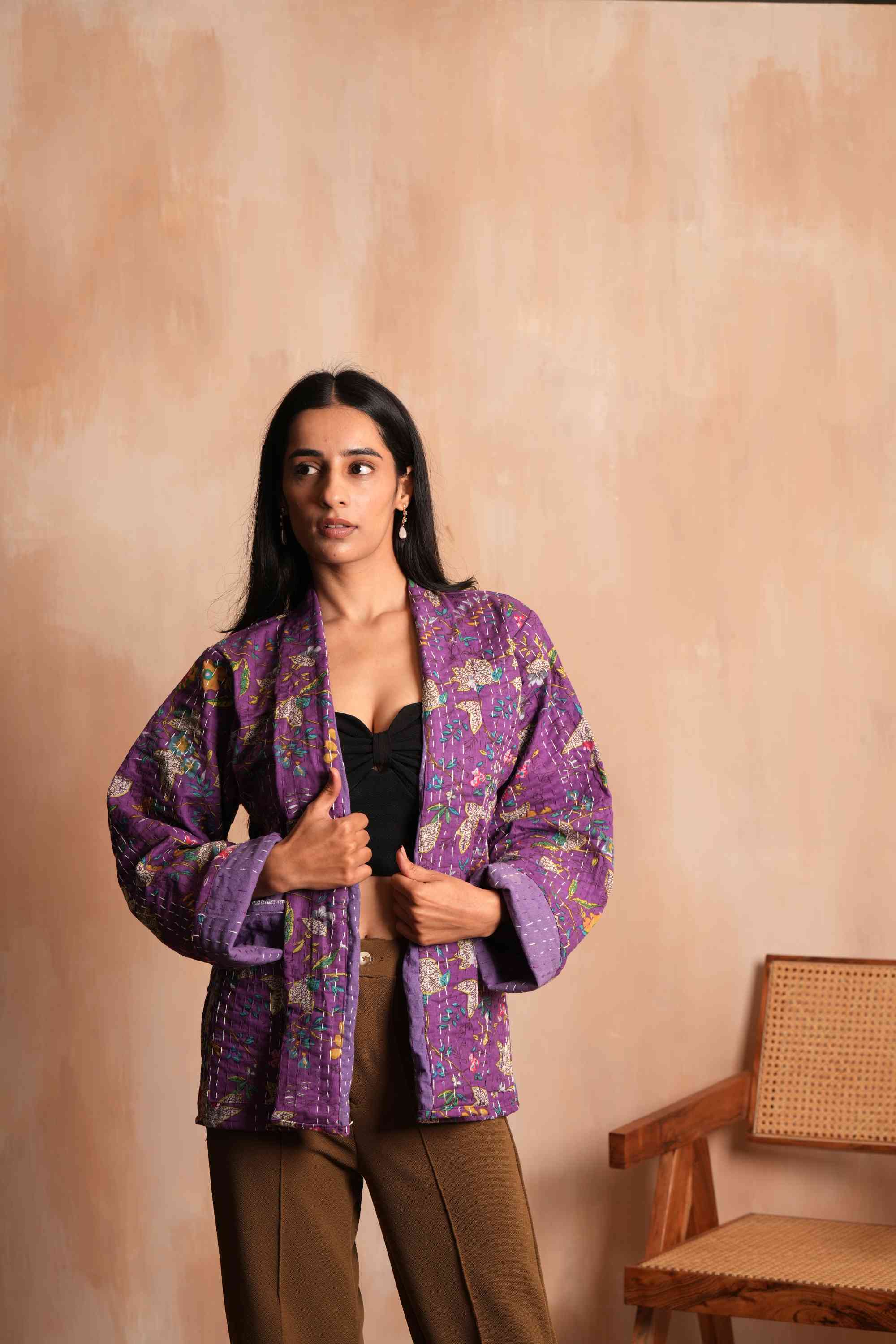 Handmade Flower Cotton Kantha Jacket Purple