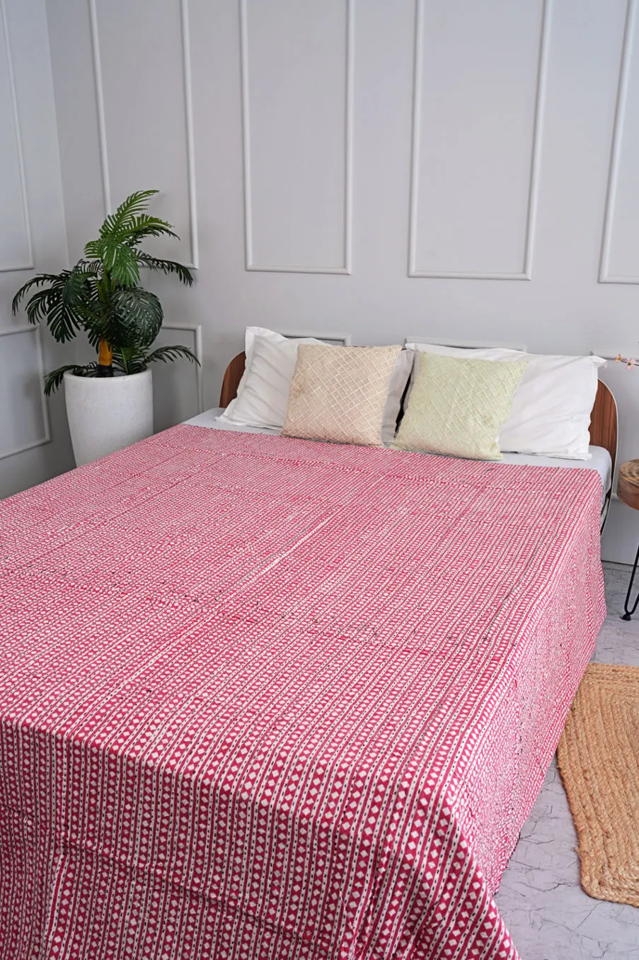 Minimalist Printed Diamond Queen Kantha Quilt