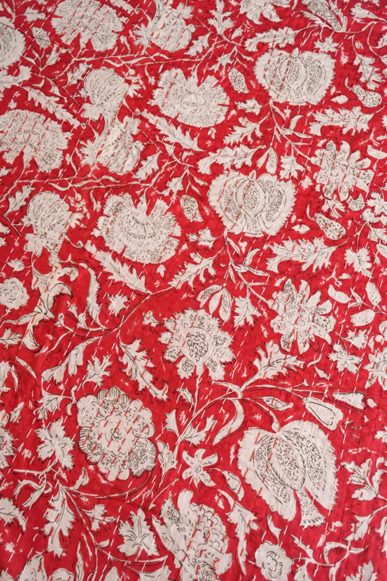 Red Leafy Kantha Quilt, Handmade Quilt, Printed Bedspread, Boho Blanket, Unique Bed Cover