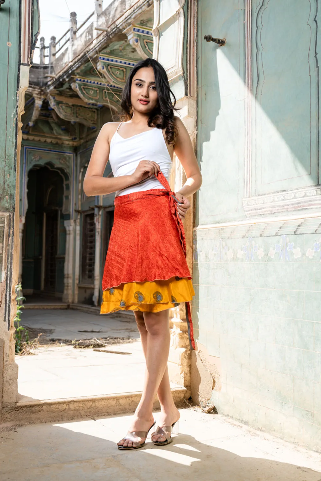 Bright Indian Silk Sari Short Wrap Skirt