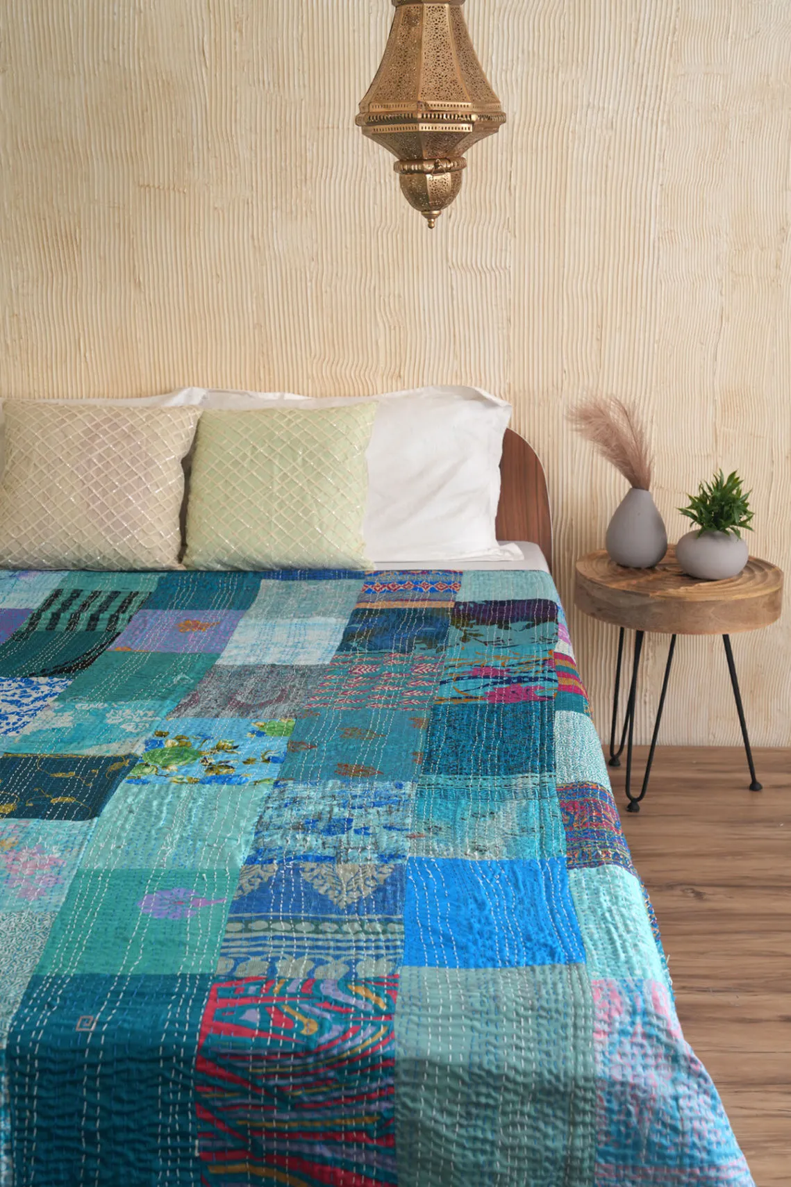 Luxe Silk Patchwork Turquoise Kantha Quilt