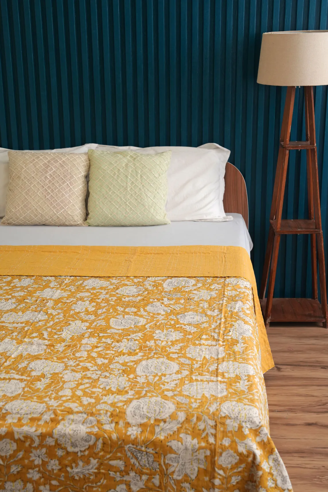 Mustard Yellow Kantha Quilt, Indian Handmade Bedspread, Minimalist Bedding, Unique Home Decor