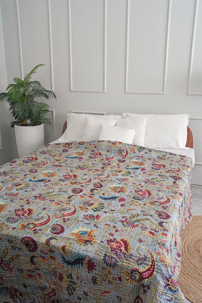 Wildflower Gray Cotton Handmade Kantha Quilt