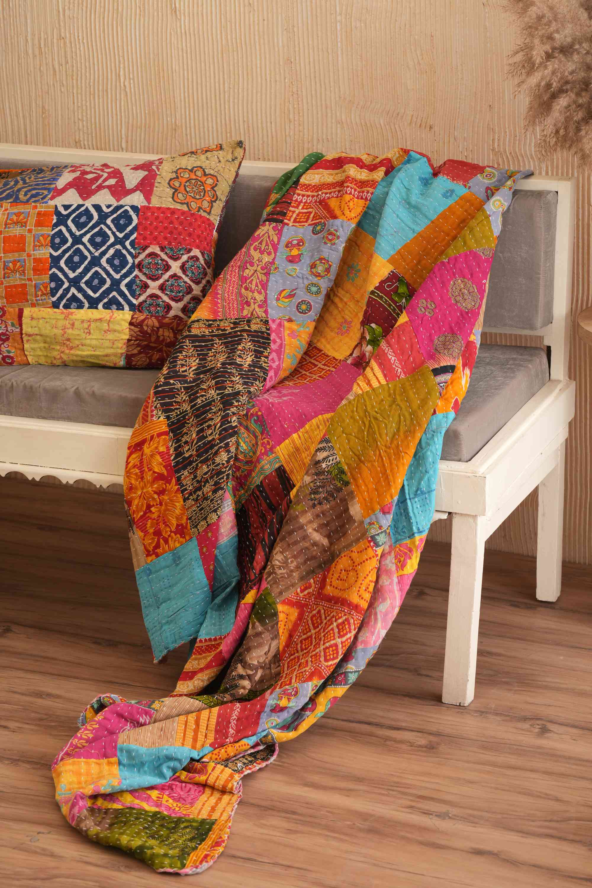 Handmade Cotton Patchwork Kantha Quilt Sofa Throw Blanket