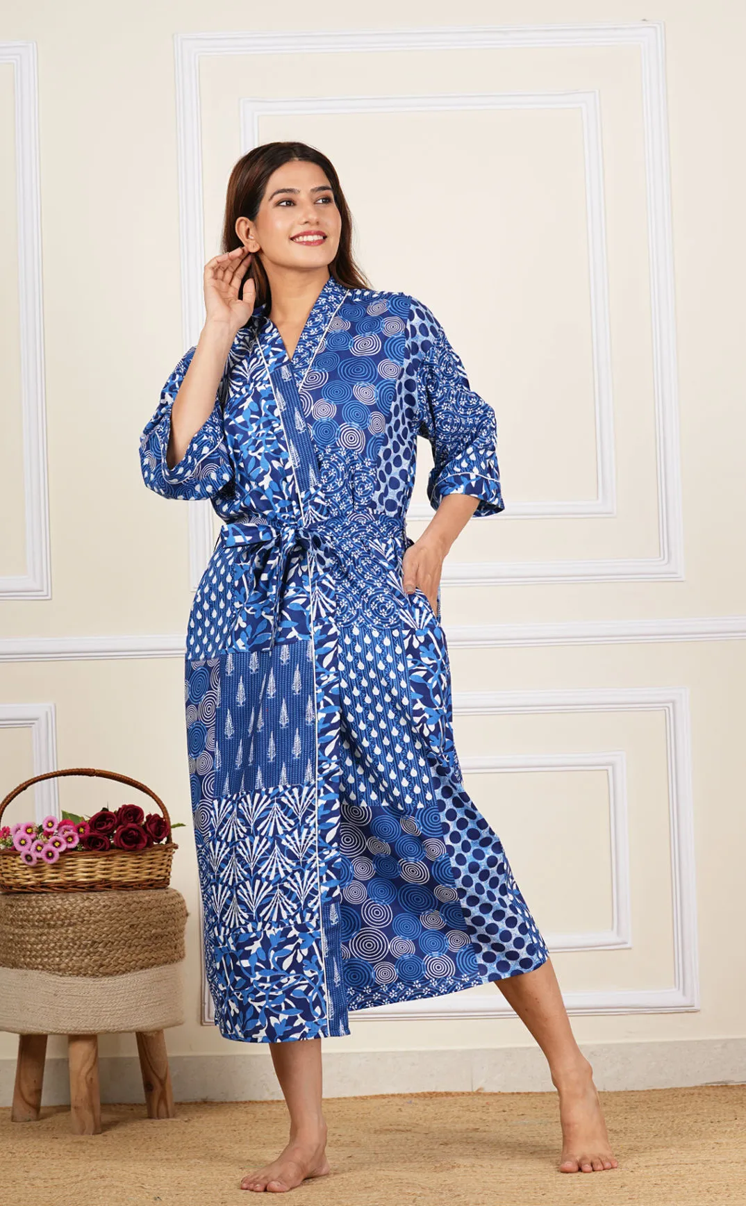 Cotton Indigo Blue White Patchwork Printed House Dressing Robe Spa Kimono Beach Coverup/Comfy Maternity New Mom Couple Set His Her Gift