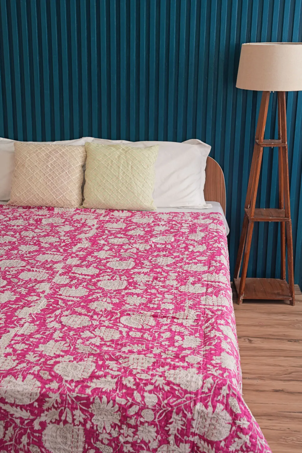 Pink Printed Cotton Leafy Kantha Bedspread