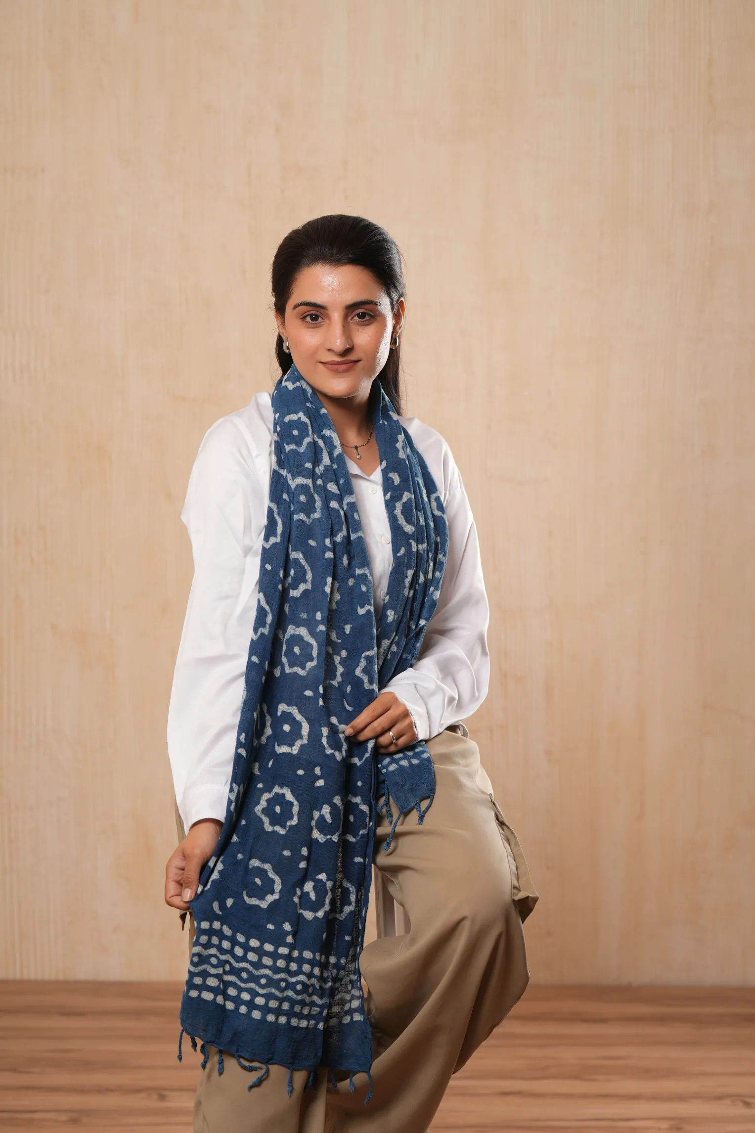 Cotton Indigo Blue Floral Scarf - #D6