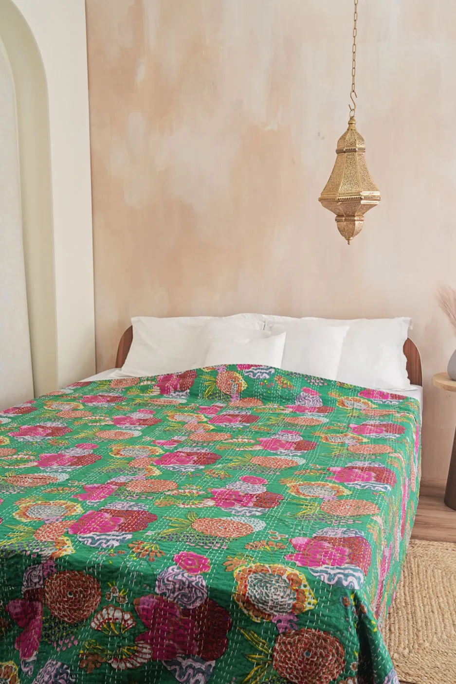 Green Printed Cotton Kantha Quilt