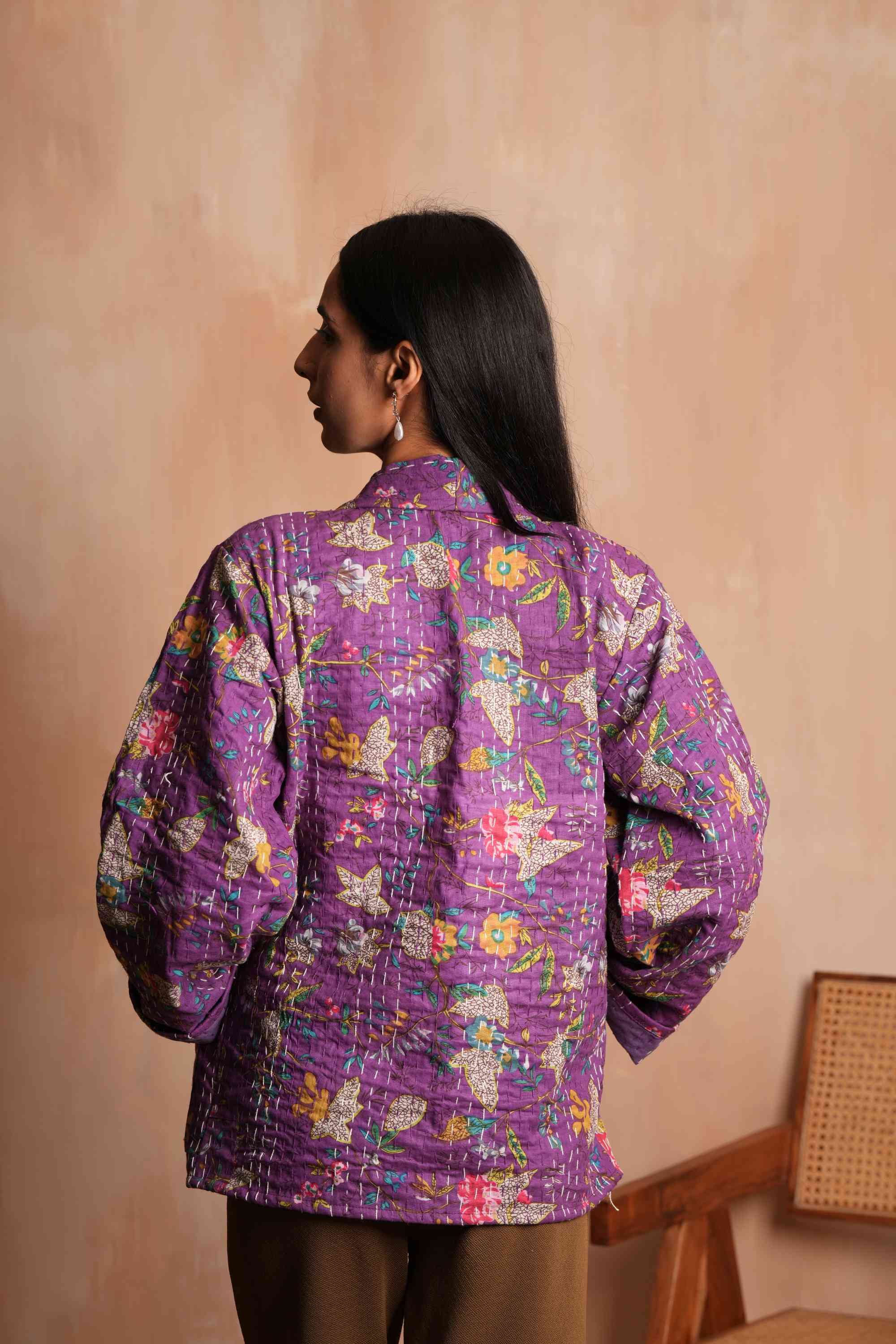 Handmade Flower Cotton Kantha Jacket Purple