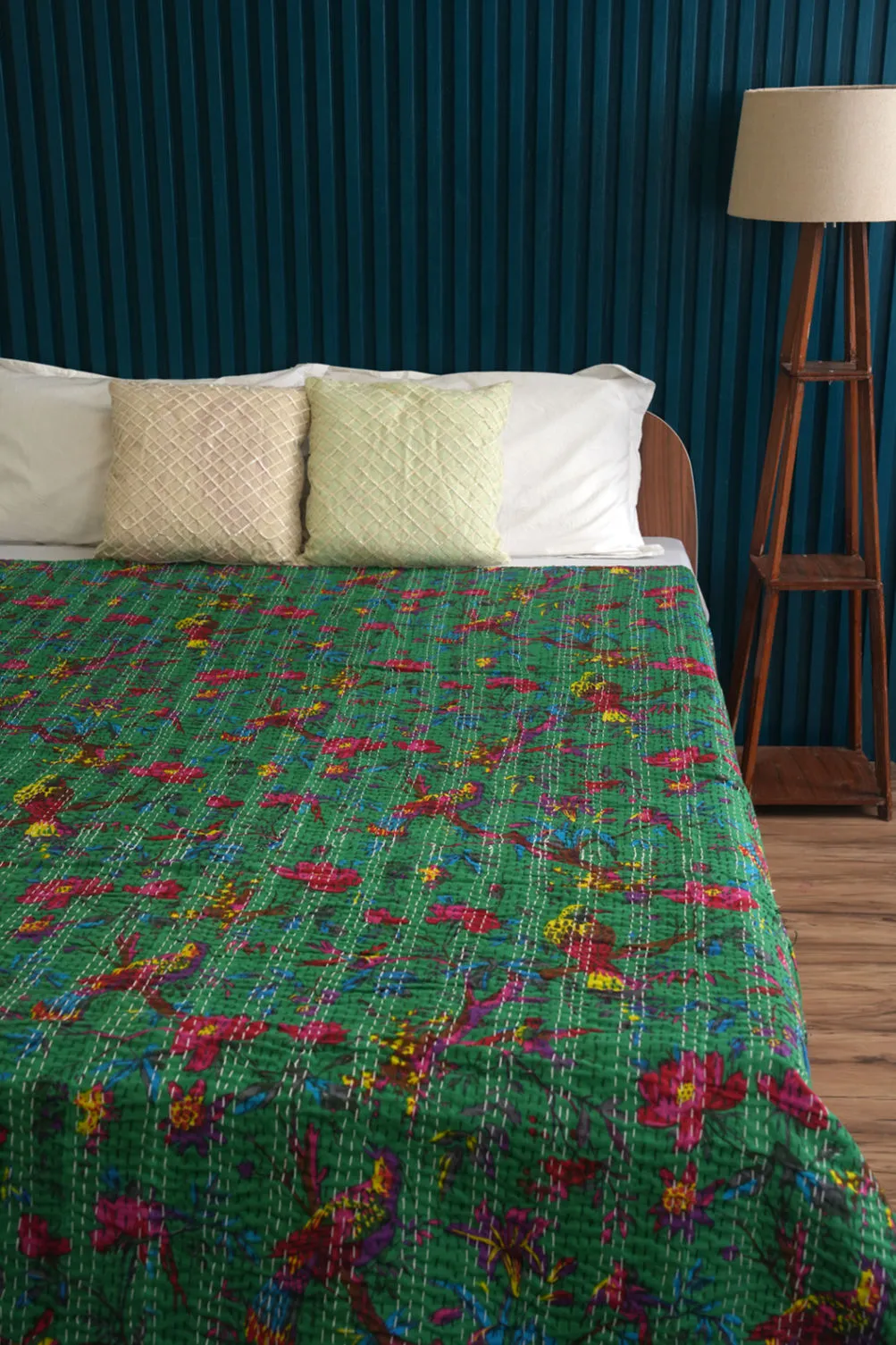 Green Bird Cotton Kantha Quilt