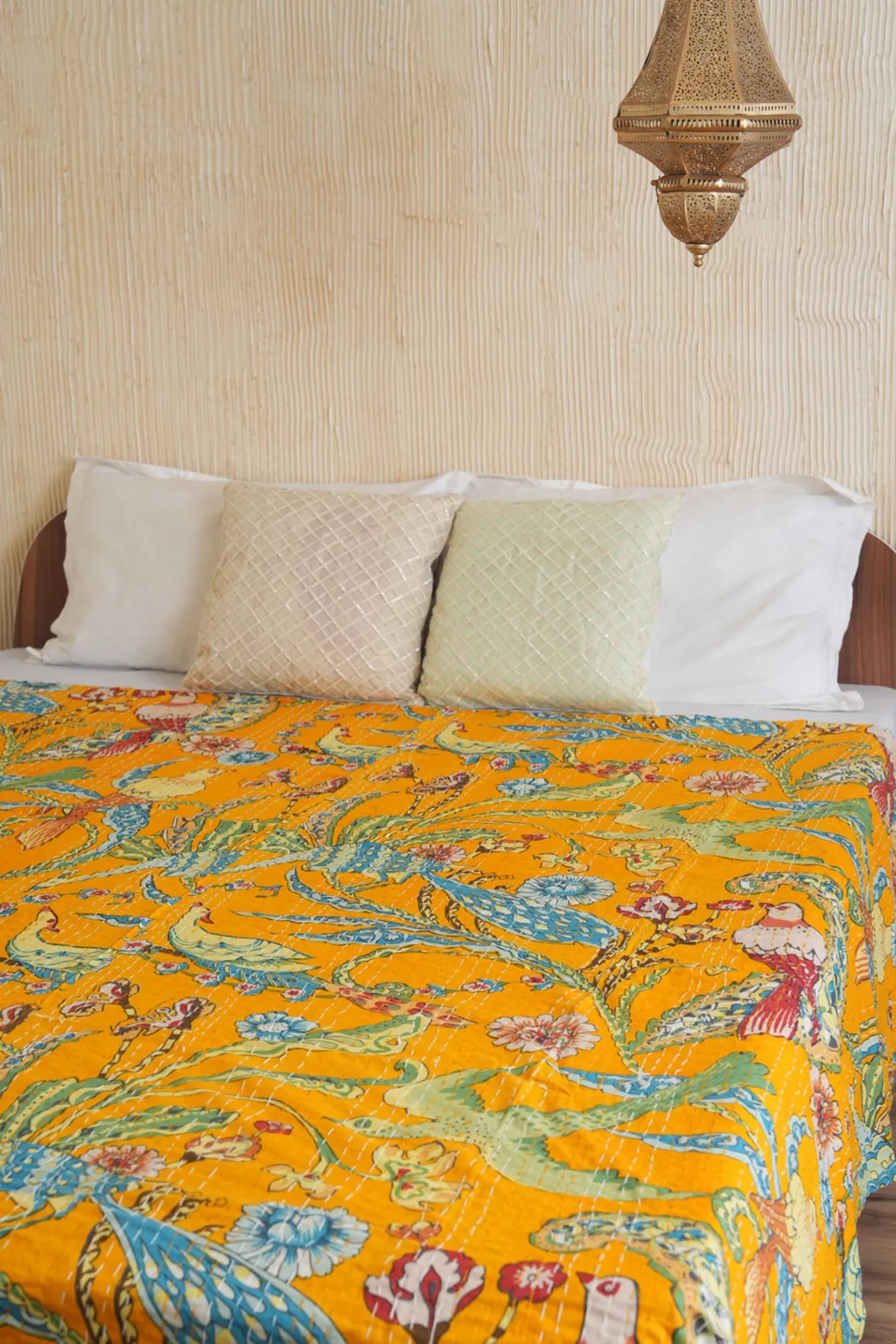 Peacock Kantha Quilt - Yellow