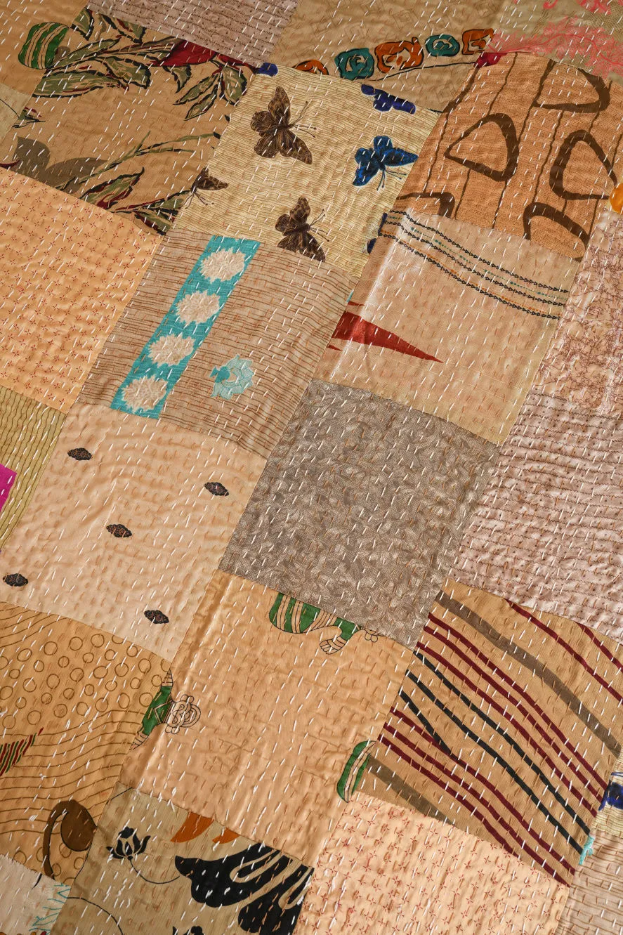 Handmade Vintage Kantha Quilt in Beige Silk, Patchwork Bedding, Boho Bedroom Decor