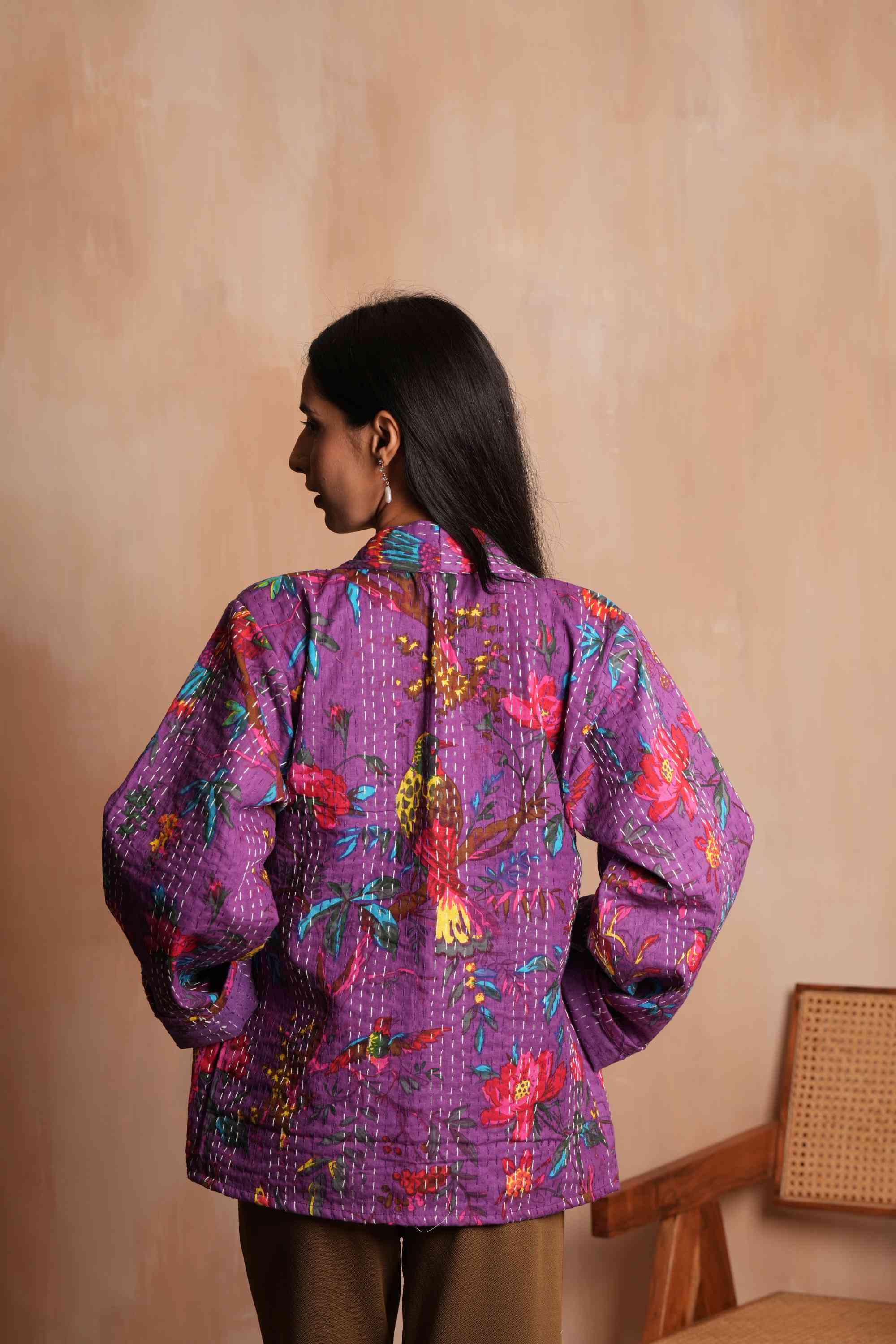 Handmade Peacock Cotton Kantha Jacket Purple