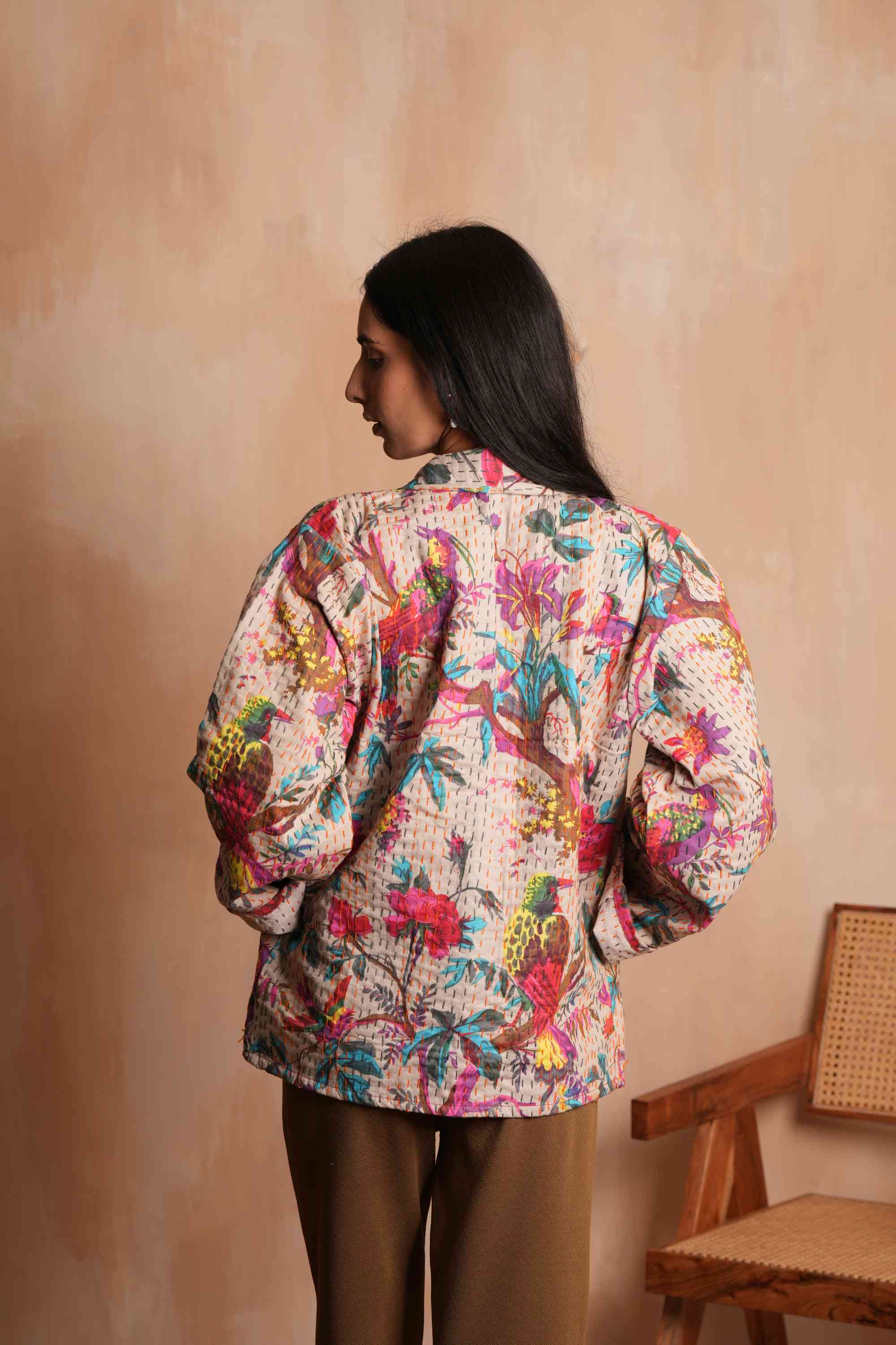 Beige Handmade Peacock Cotton Kantha Jacket