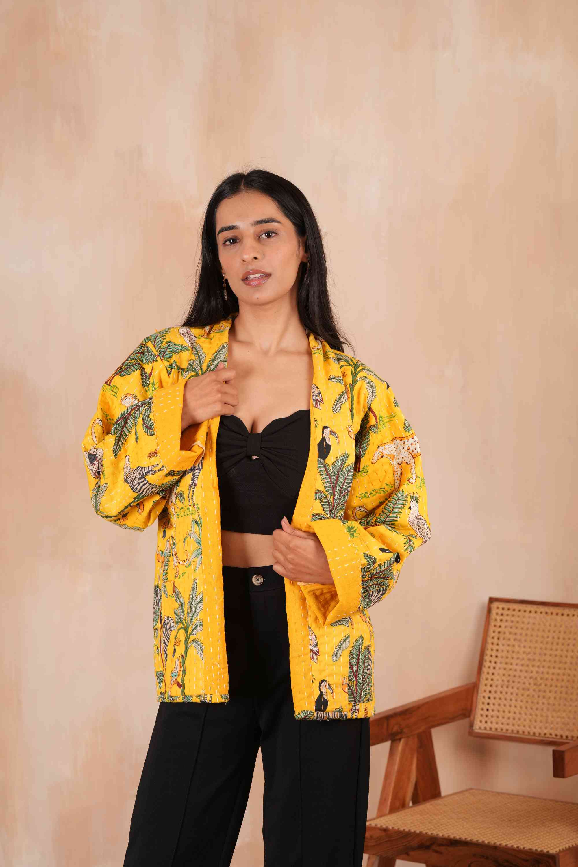 Handmade Cotton Yellow Safari Cheetah Jungle Kantha Jacket