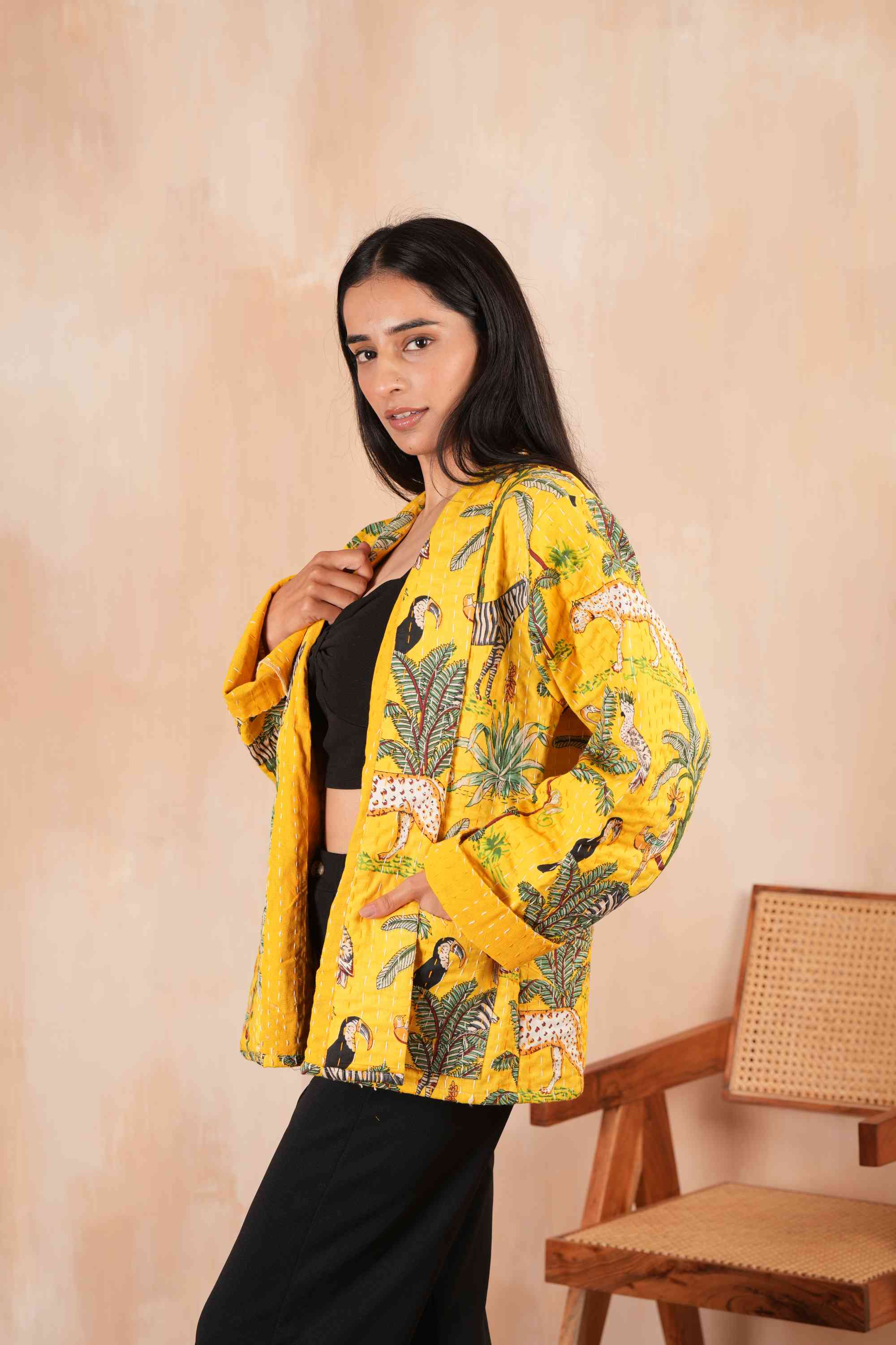 Handmade Cotton Yellow Safari Cheetah Jungle Kantha Jacket