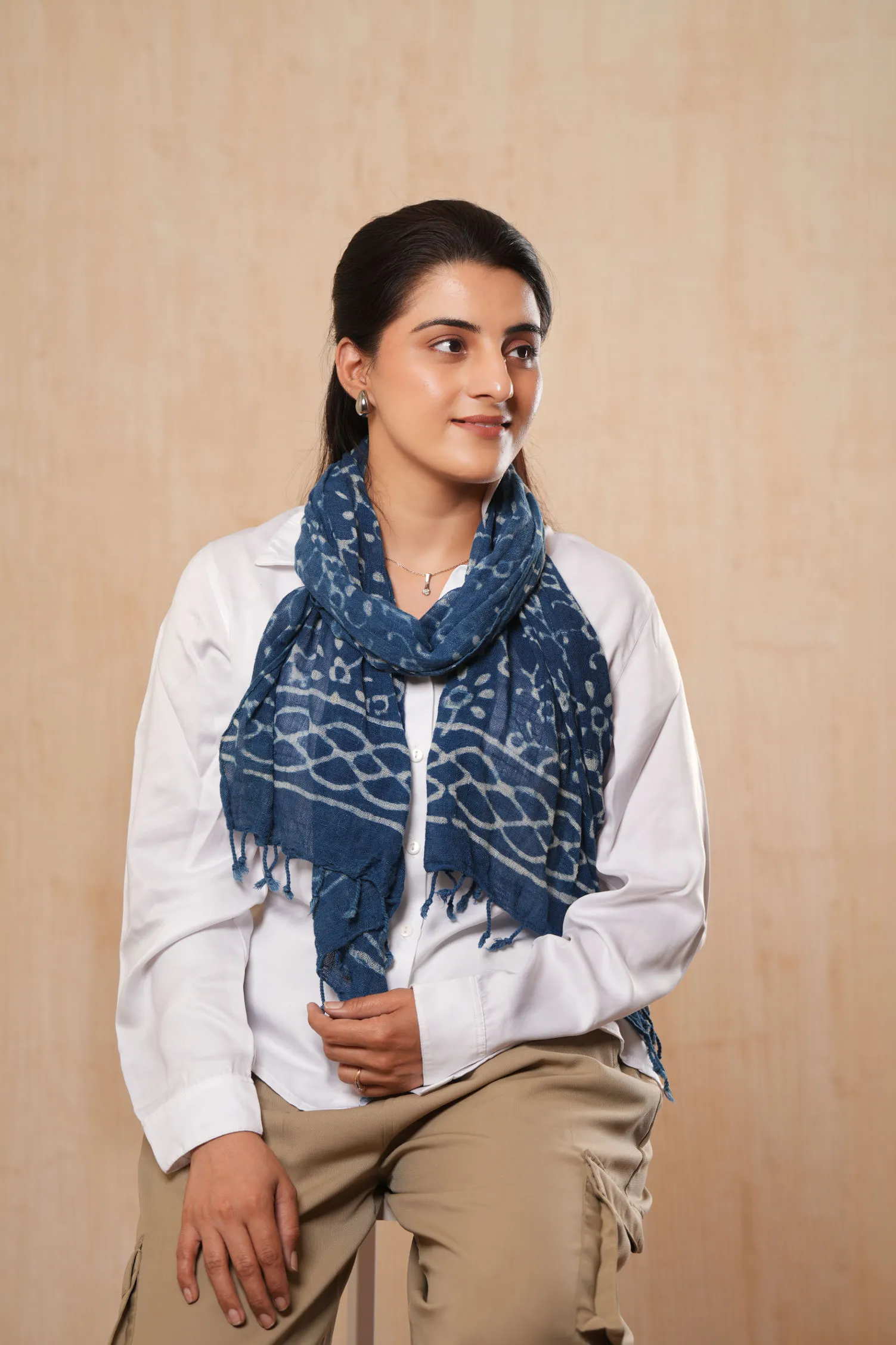 Indigo Cotton Dabu Printed Handmade Scarf Stole - #D4