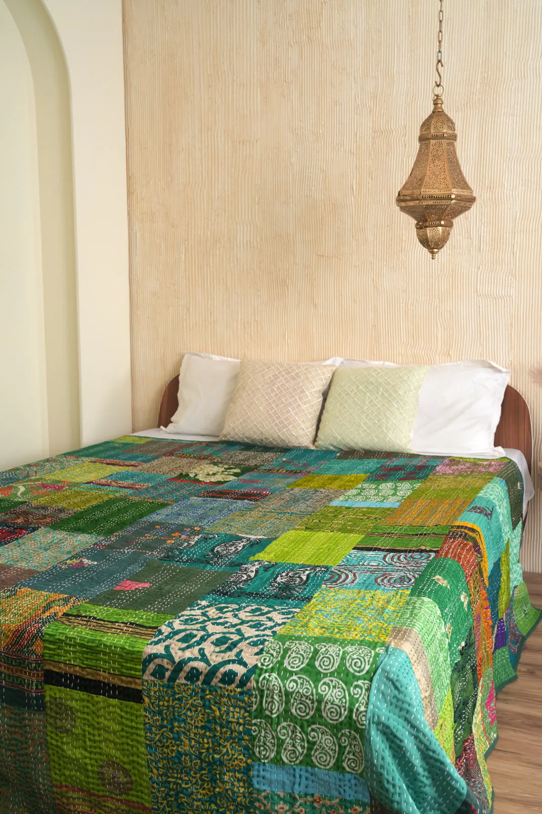 Green Patchwork Silk Kantha Bedspread