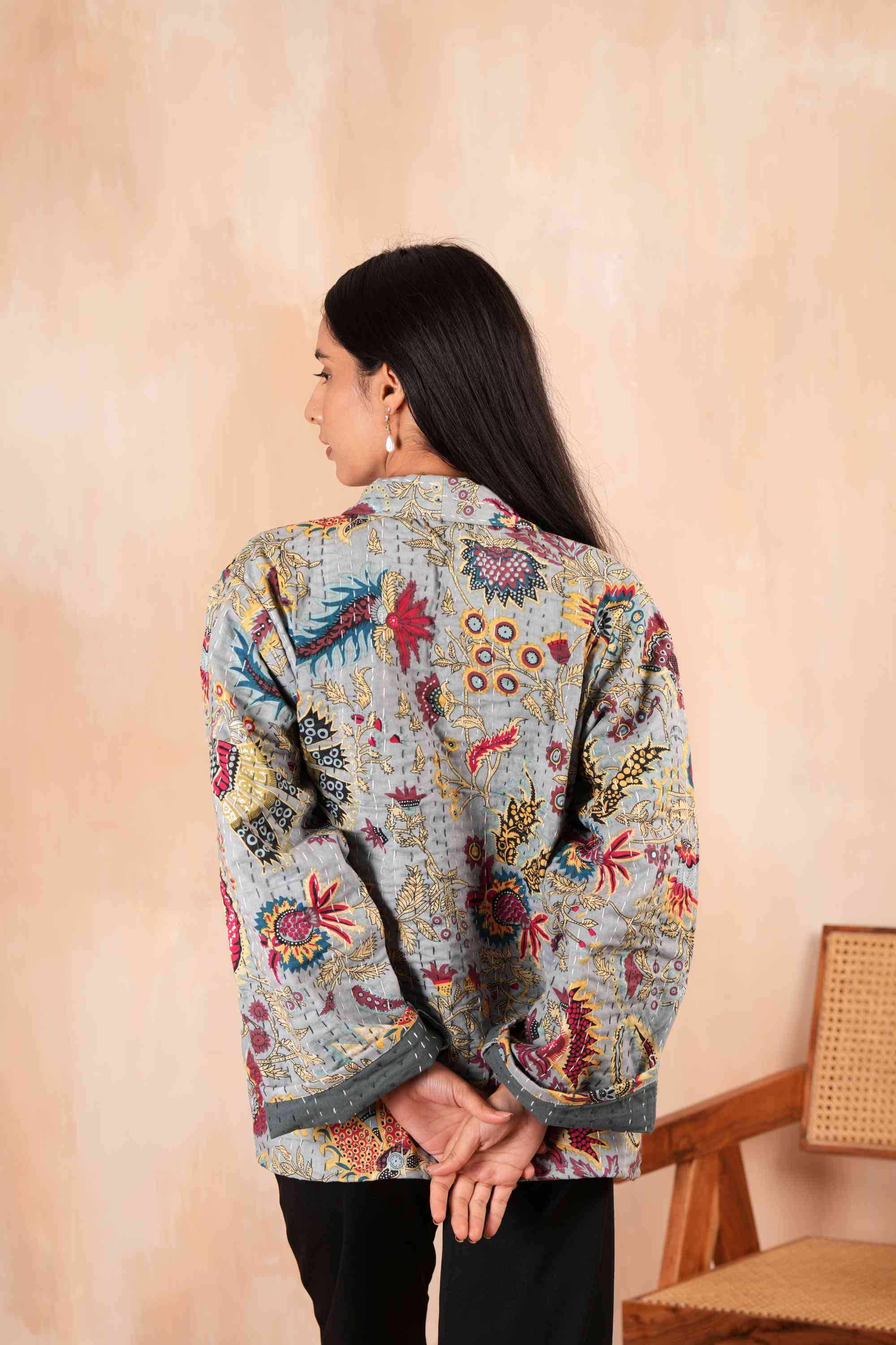 Grey Wildflower Cotton Quilted Kantha Jacket