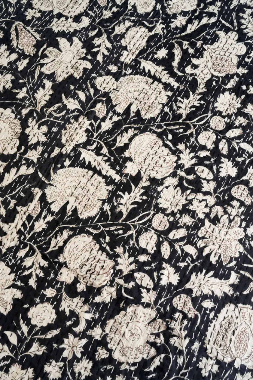 Black Minimal Cotton Kantha Quilt