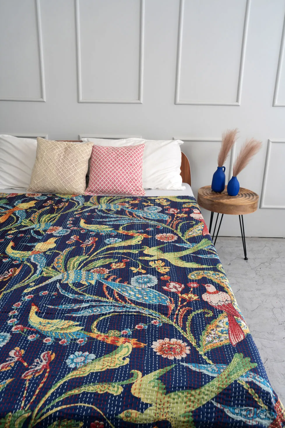 Peacock Kantha Quilt - Blue