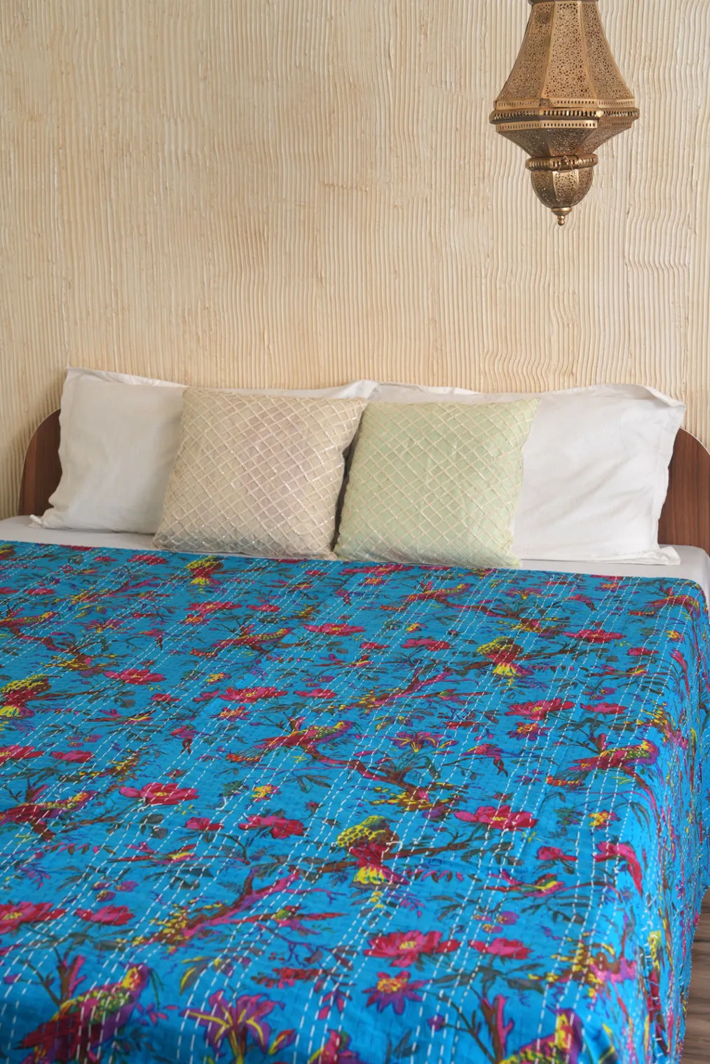 Turquoise Birds Floral Kantha Quilt