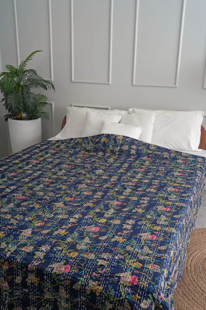 Blue Floral Kantha Bedspread