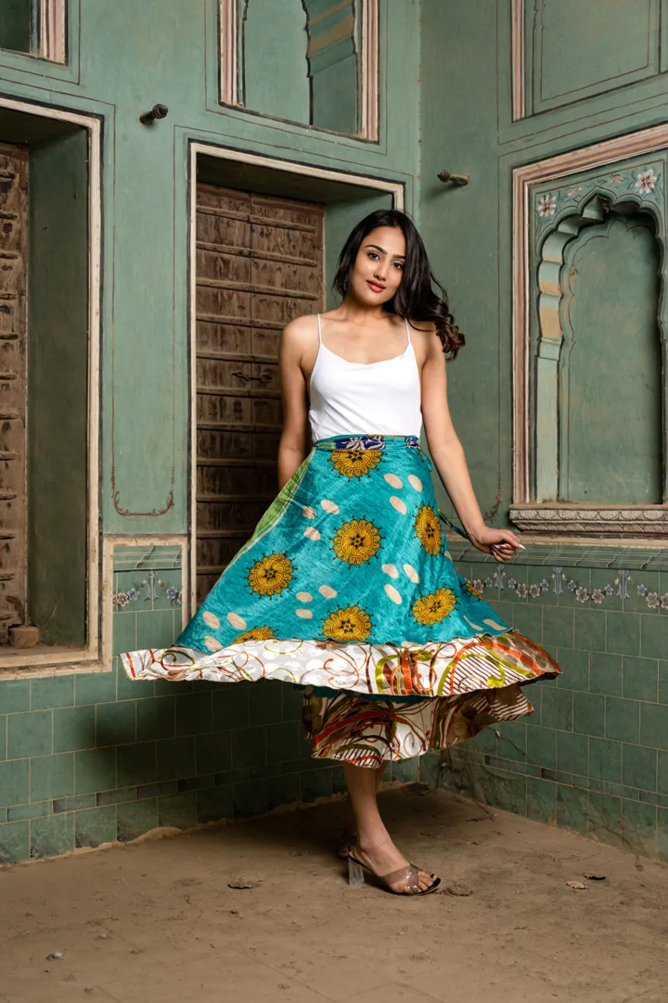 Floral Silk Sari Wrap Skirt - Tea Lenght