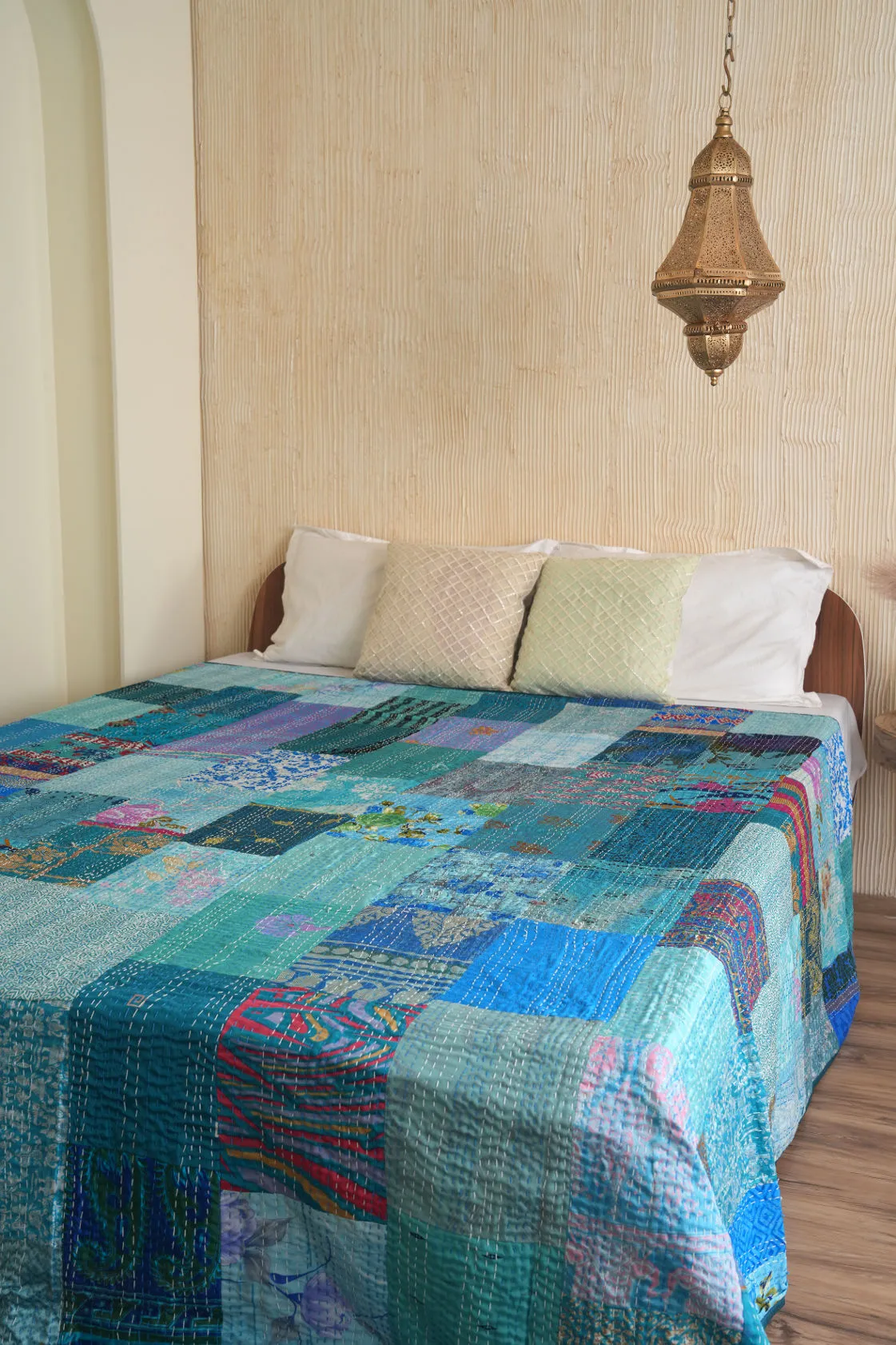 Luxe Silk Patchwork Turquoise Kantha Quilt