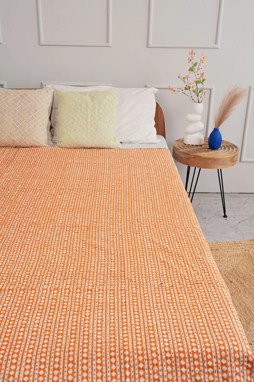 Traditional Hand Block Printed Orange Queen Diamond Kantha Quilt