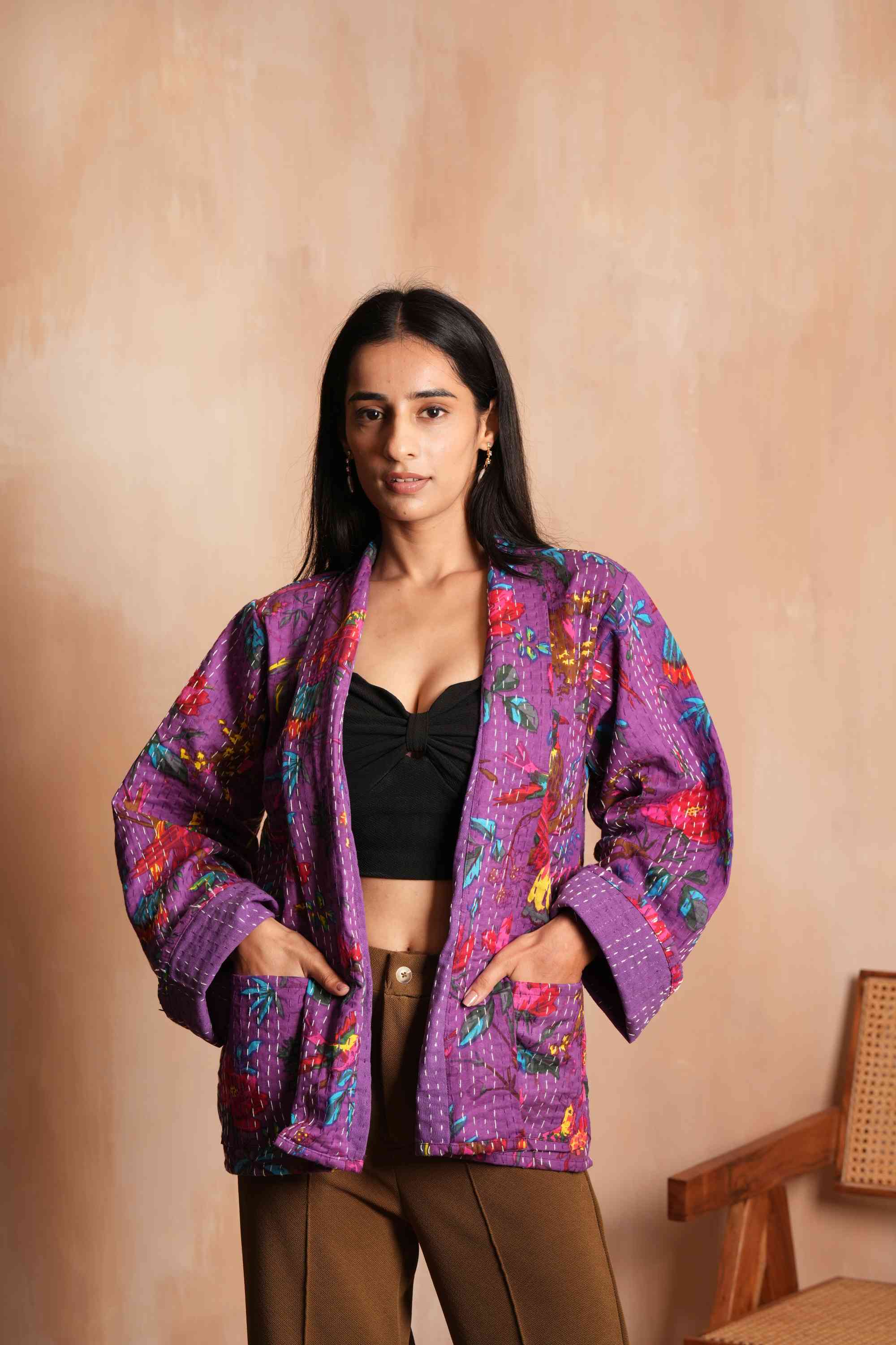 Handmade Peacock Cotton Kantha Jacket Purple