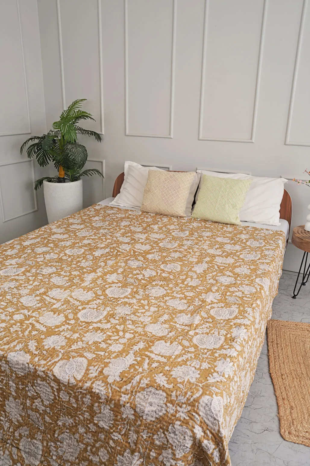 Camel Brown Minimal Cotton Kantha Quilt