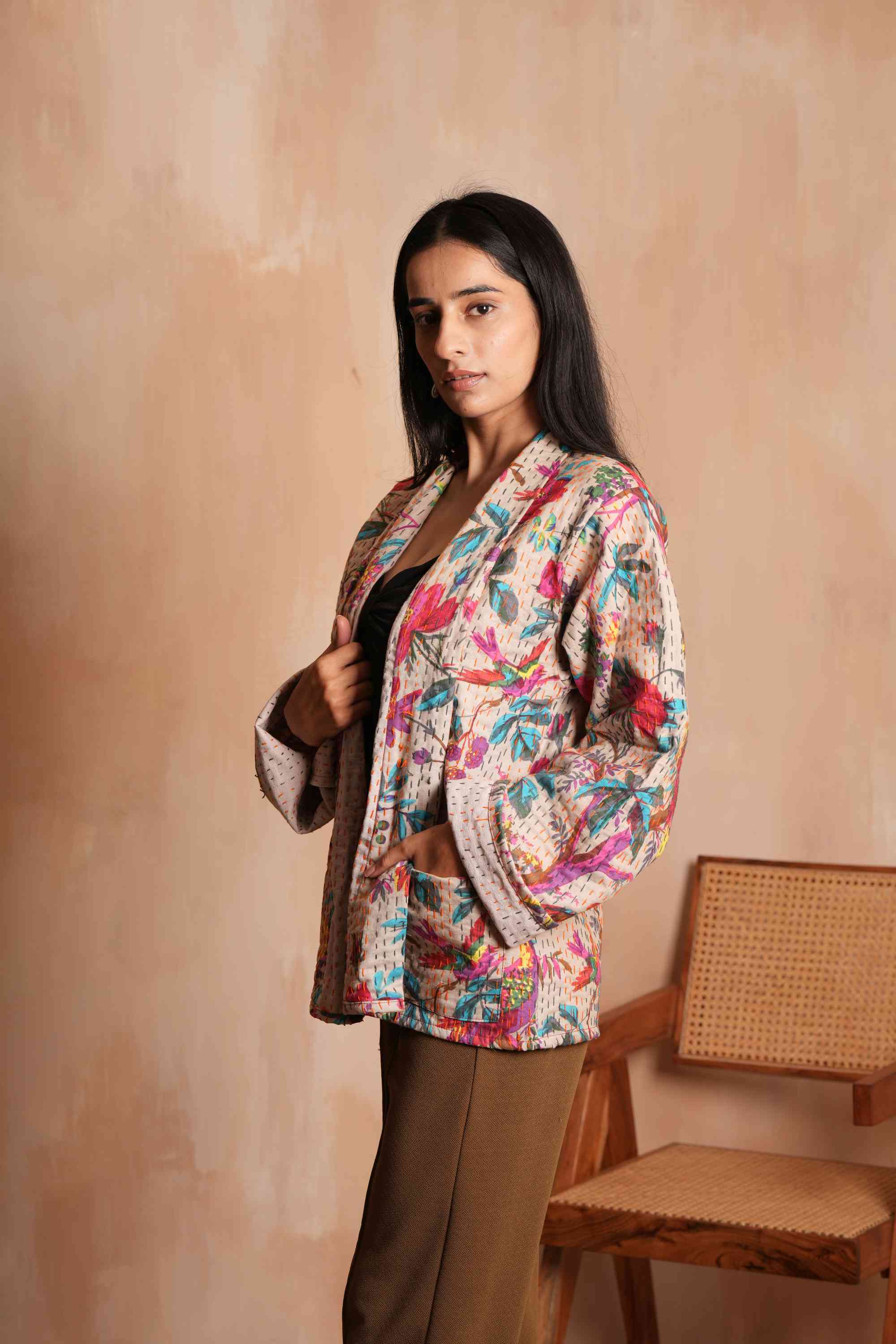 Beige Handmade Peacock Cotton Kantha Jacket