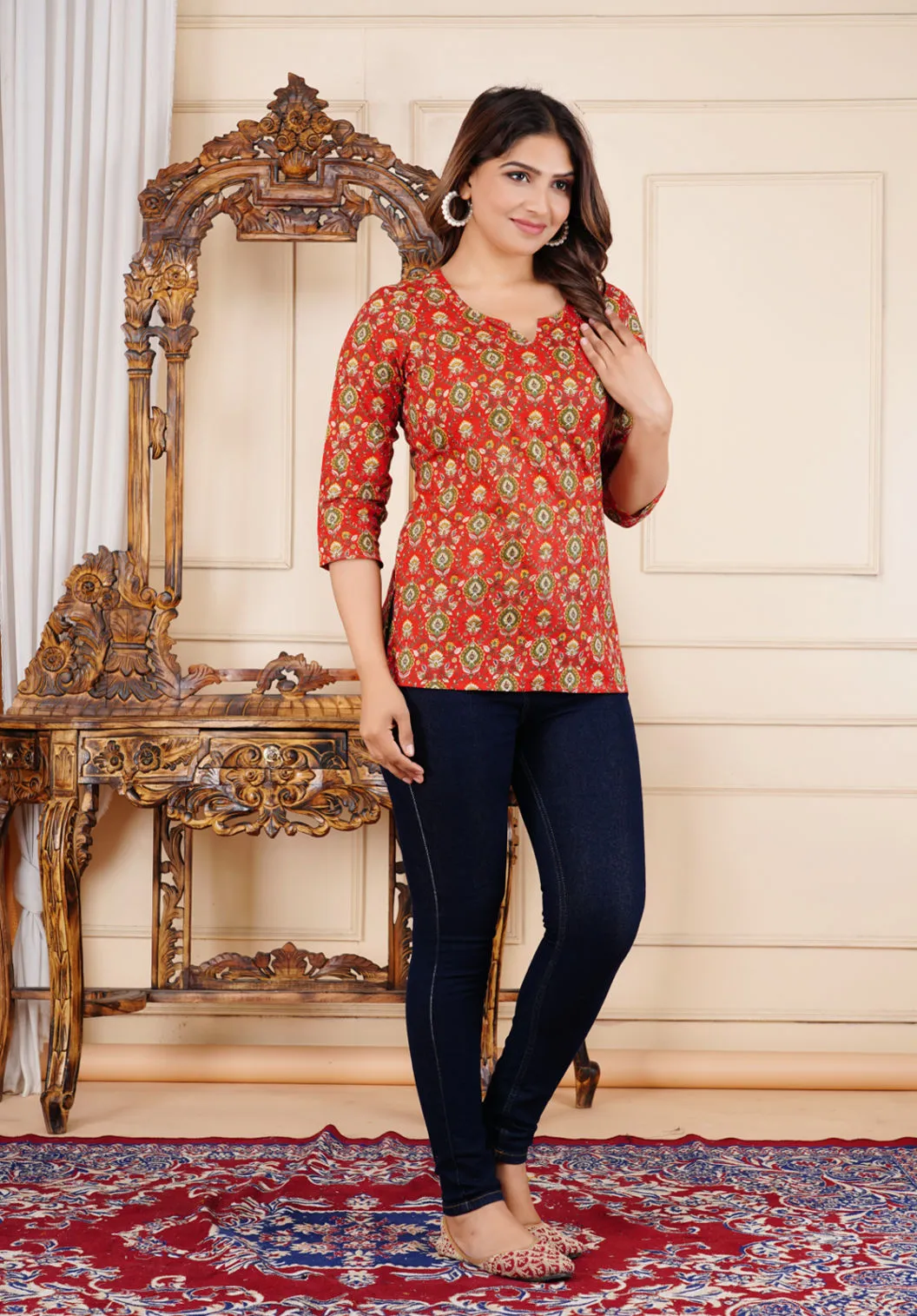 Casual Red Printed Top for Women